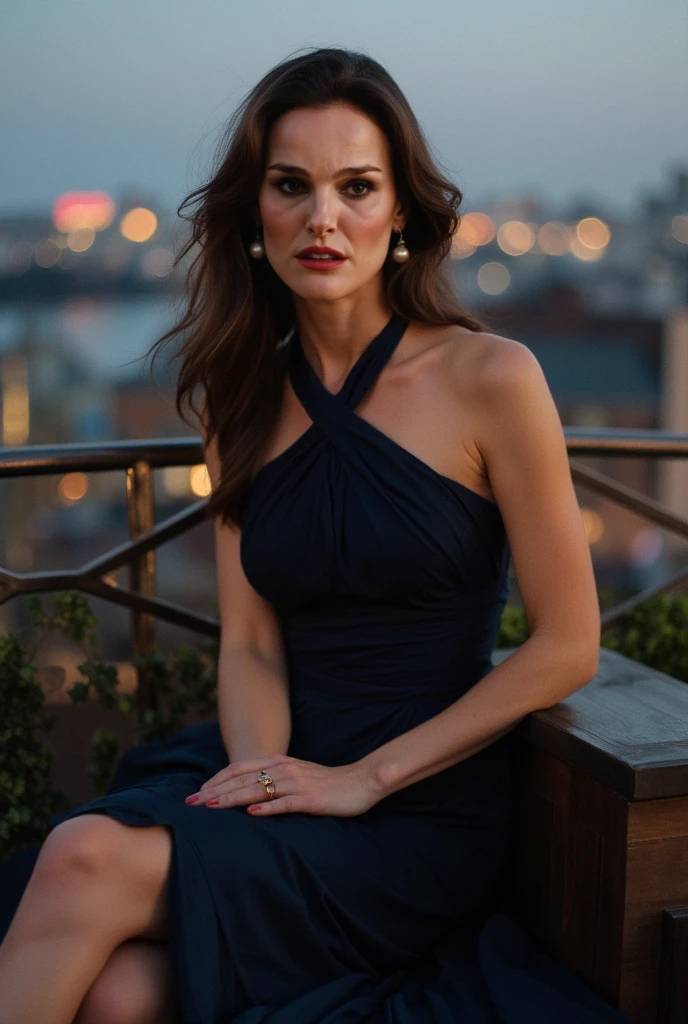 woman, 30 years old, brunette, dark blue mini dress, sitting on a sofa, night club scene, opening legs, no panties, night setup, showing her panties to the audience, smirk