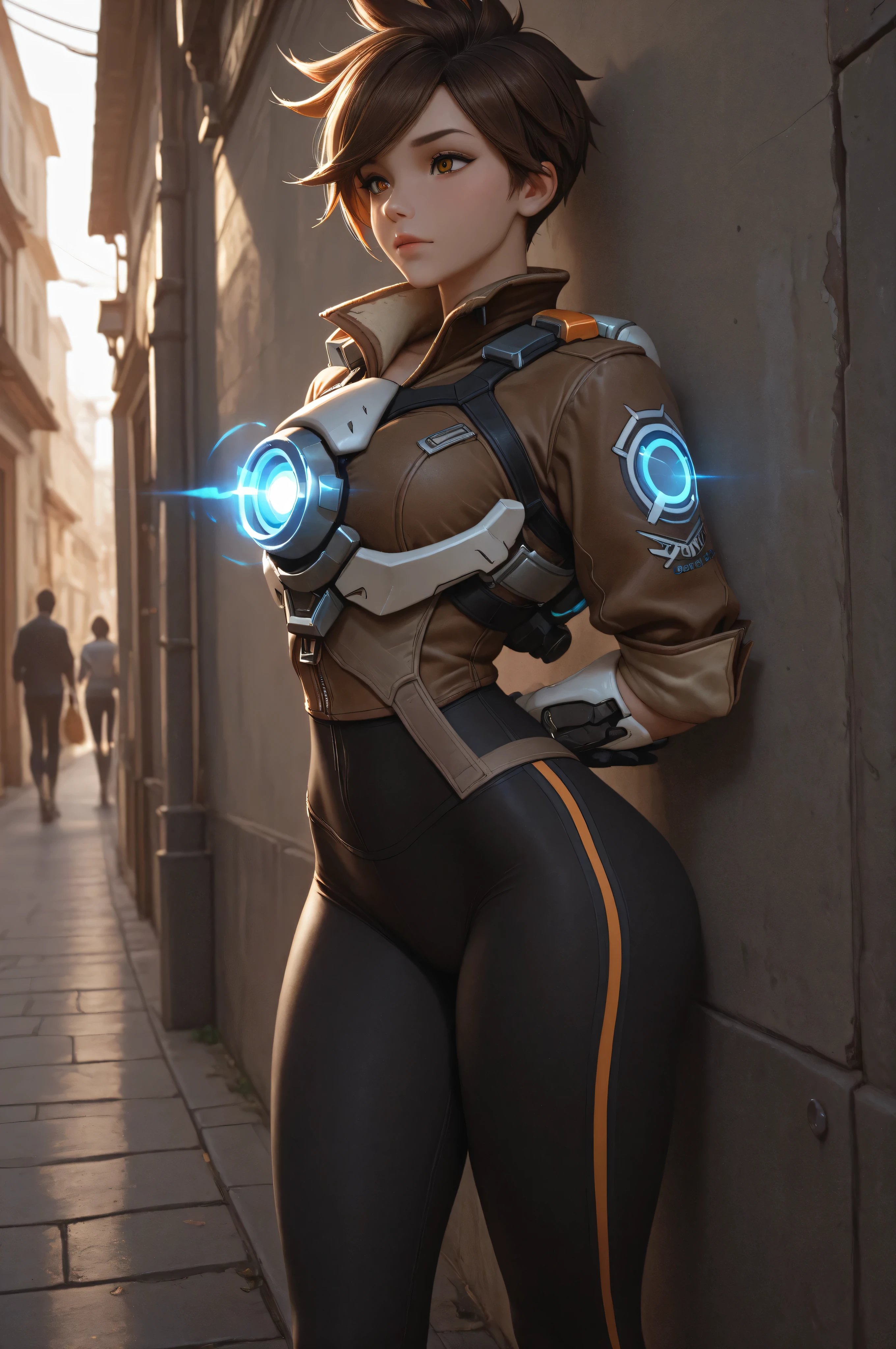 1girl, Alone, tracer (Overwatch), black leggings, leggings, leggings, looking at the spectator, masterpiece, best quality