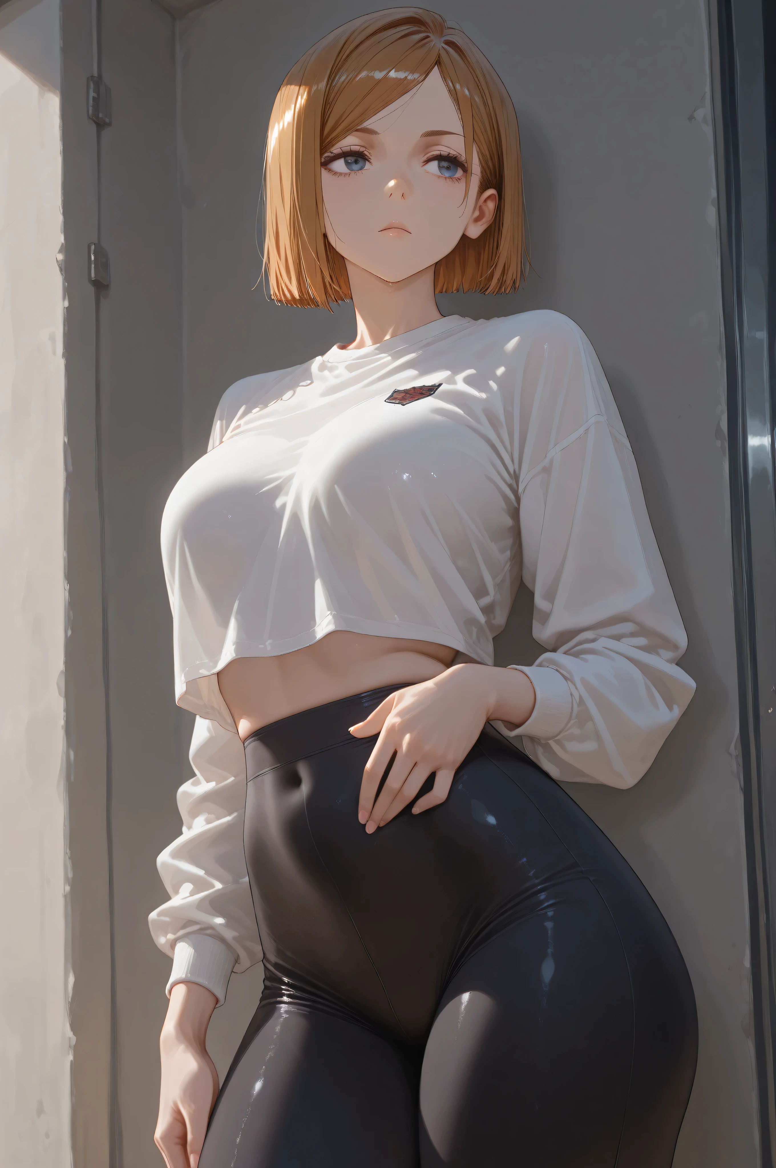 1girl, Alone, Nobara kugisaki | jujutsu kaisen, black leggings, leggings, leggings, looking at the spectator, blue eyes, blond hair, masterpiece, better quality