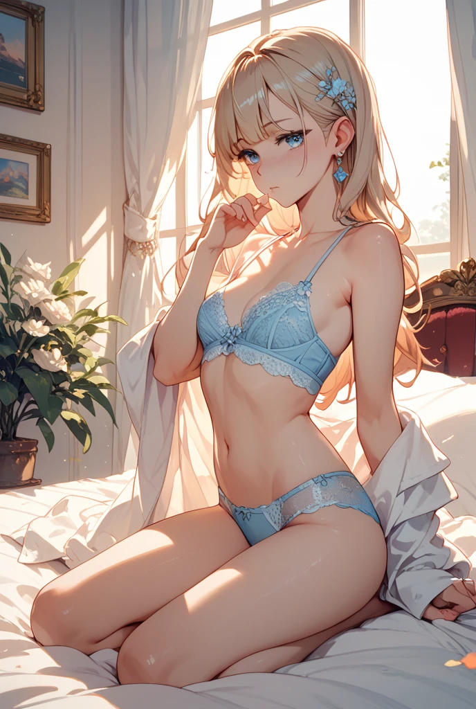 1girl, solo, luminernd, (lingerie), lying on bed, smiling, (from above view)