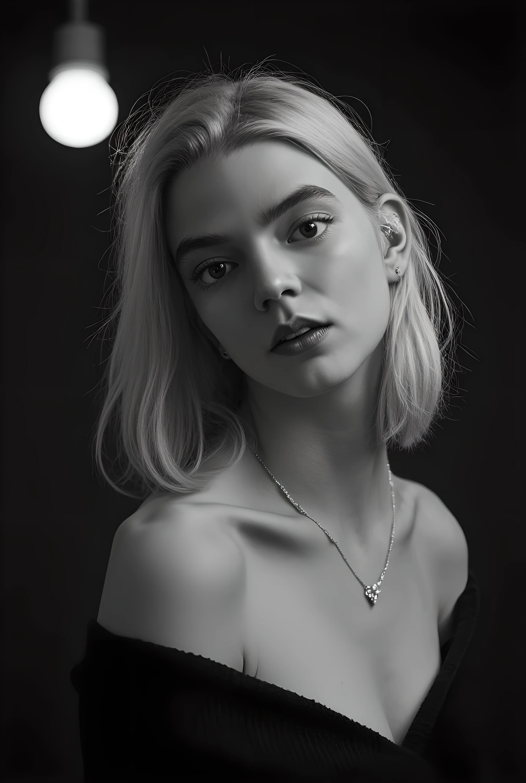 A black-and-white photograph captures a girl with wavy shoulder-length white hair cascading elegantly over shoulder. The lighting is soft and atmospheric, casting gentle highlights on the hair and skin, enhancing the image's dramatic and intimate quality. The person wears a delicate necklace with small sparkling embellishments, adding a touch of elegance to the overall appearance. Draped across the individual’s shoulders is a black garment, possibly a sweater or shawl, which contrasts with the smooth texture of the skin. The interplay of light and shadow in the composition creates a sense of mystery and allure. An overhead lamp in the background emits a halo-like glow, contributing to the moody ambiance of the scene. She looks at the viewer with a piercing gaze and a sensual expression on her face. detailed face. small breasts. natural light skin tone. detailed skin texture. realistic skin with vellus hair. the light shines on her naked body. dramatic lighting. masterpiece. ultra-detailed. high quality. hyperrealism. intricate details.