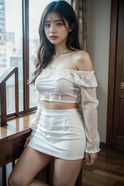(top-quality、hight resolution、masterpiece:1.3)、Tall and cute woman、Slender Abs、Full body image walking、All faces are in the picture、Dark brown hair styled in loose waves、breastsout、Wearing a pendant、White button-up shirt、a belt、Black leather tight skirt、(Modern architecture in background)、Details exquisitely rendered in the face and skin texture、A detailed eye、二重まぶた、Thin leg