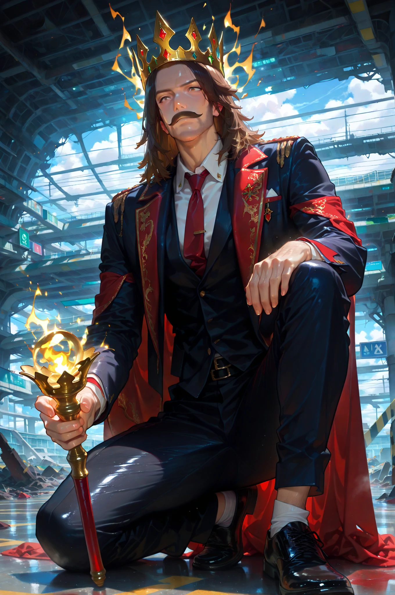 masterpiece, best quality, amazing quality, very aesthetic, high resolution, newest, hyper-detailed, (close up),solo, male character, mature man, medium hair, brown hair, slightly mustache, black smokings with red tie, a incandescent golden crown on his head, social shoes, a scepter on hands, full body, fan art, a magia force aura around him, a airport in ruins on the background
