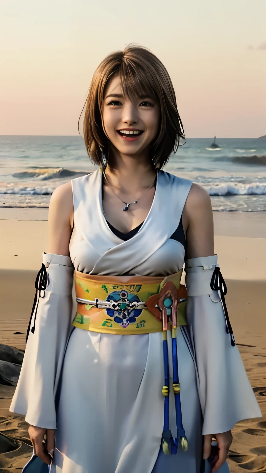 ((( black ultra high leg suit))) Very Beautiful Girl with 8 Heads Leaning Her Head and Smiling Innocent at the Edge of a Wave on a White Tropical Beach,Alone, gem, detachable sleeve , necklace, blue beaded earrings,Pleated hakama ,Yuna FFX, Ultra High Definition,photorealistic,very detailed, Detailed Color, cute woman,(masterpiece, high quality ), viewers, Gorgeous Goddess , Bob Cut, shiny skin ,charming, magic,dreamy,Royal Cloak,((Thick bangs)),big breasts,Beautiful Breasts, Pull up your chest, cowboy shot, happy smile,
