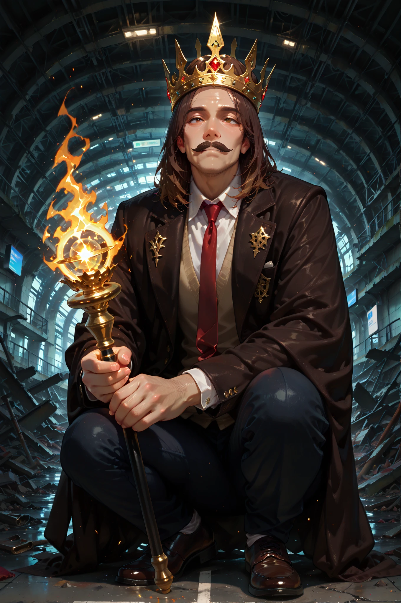 masterpiece, best quality, amazing quality, very aesthetic, high resolution, newest, hyper-detailed, (close up),solo, male character, mature man, medium hair, brown hair, slightly mustache, black smokings with red tie, a incandescent golden crown on his head, social shoes, a scepter on hands, full body, fan art, a magic force aura around him, a airport in ruins on the background