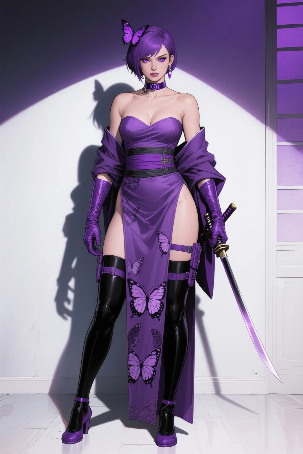 (Muscular:2.3), (thick thighs:2.2), 
(asian female, pale skin, light purple hair, blunt bangs, short hair, straight hair:1.7), (adult), beauty mark,
(earrings, eyeshadow, lipstick:1.3), 
detailed eyes, (big smile:1.2), detailed skin, (long ponytail, blunt bangs),
(small breasts:1.5), (hard nipples),
(long scarf, skintight purple romper, utility belt, fingerless gloves, cleavage, flower hairpin, black pantyhose:1.7),
(upper body view), (looking at viewer), three quarter view,
(abandoned japanese village), (nighttime), rim lighting, two tone lighting, dimly lit, bokeh