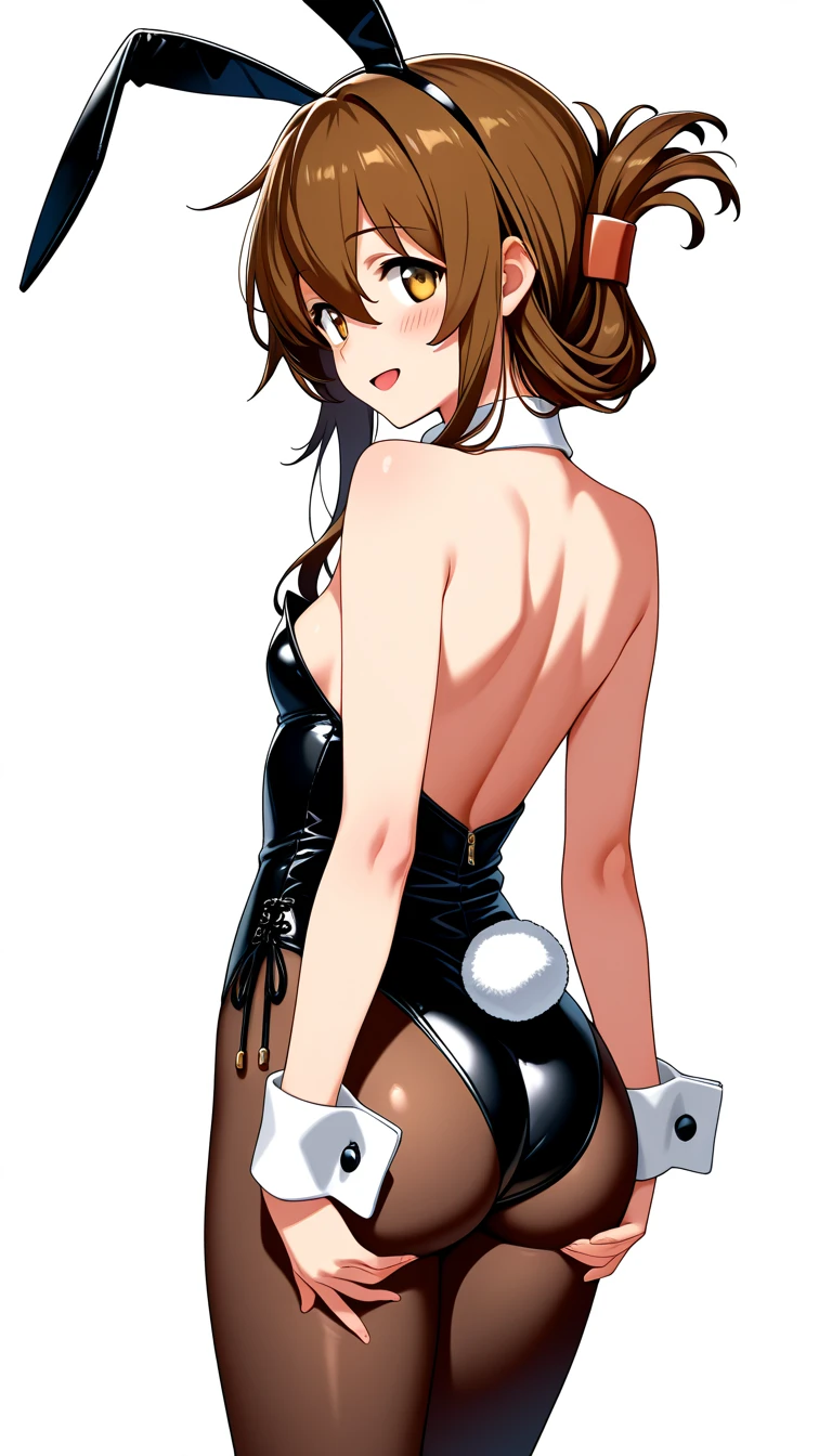 makima, medium hair, bangs, (yellow eyes:1.2), braid, red hair, braided ponytail, ringed eyes, pantyhose, playboy bunny, bare shoulders, mischievous smile, cowboy shot, highly detailed, HD, 4K, Masterpiece, highres