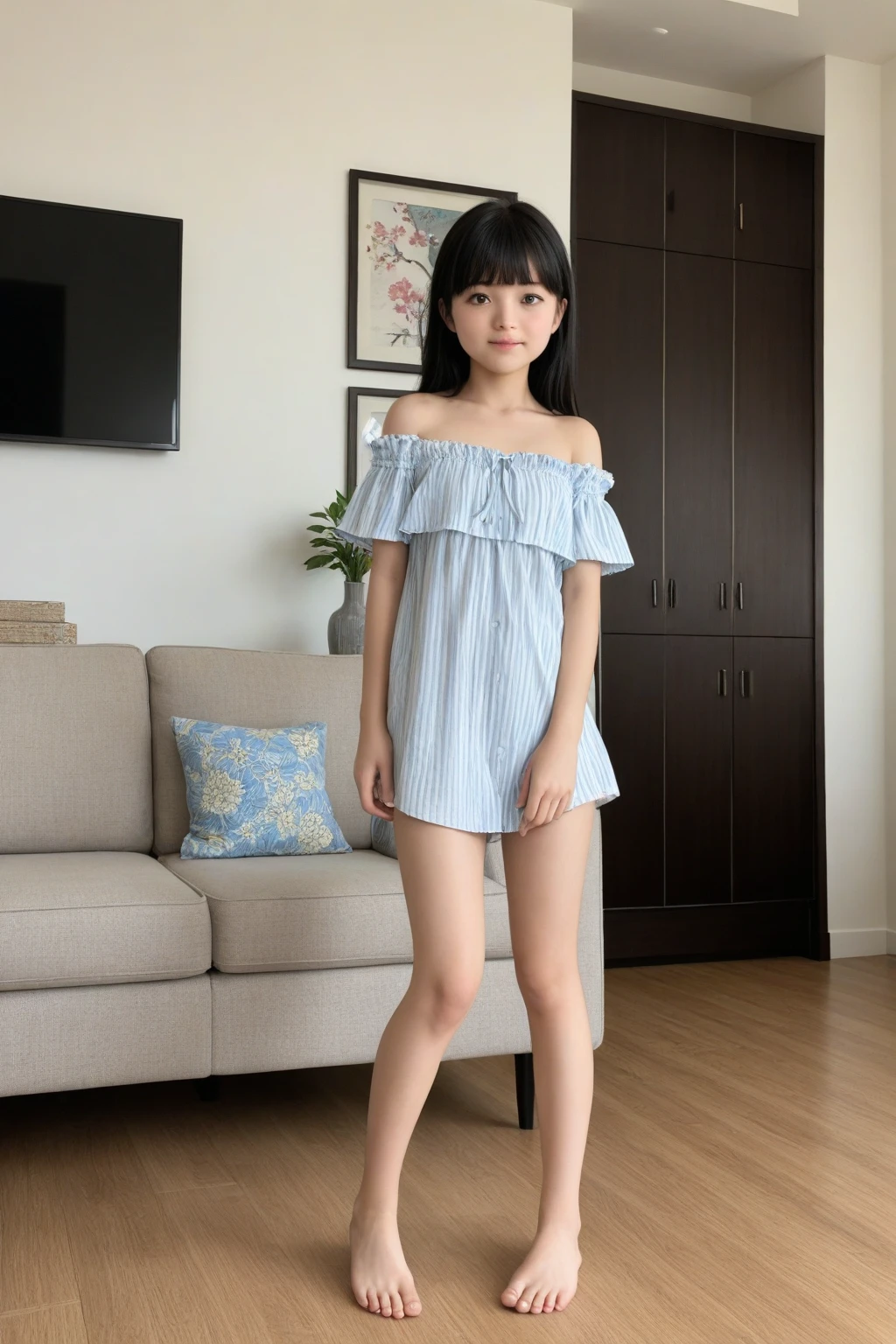 Very cute 11 year old girl、Long Hair、Slim body、Beautiful legs、Beautiful body、Thin legs、Summer outfit、high resolution、8K、(Happy smile)、