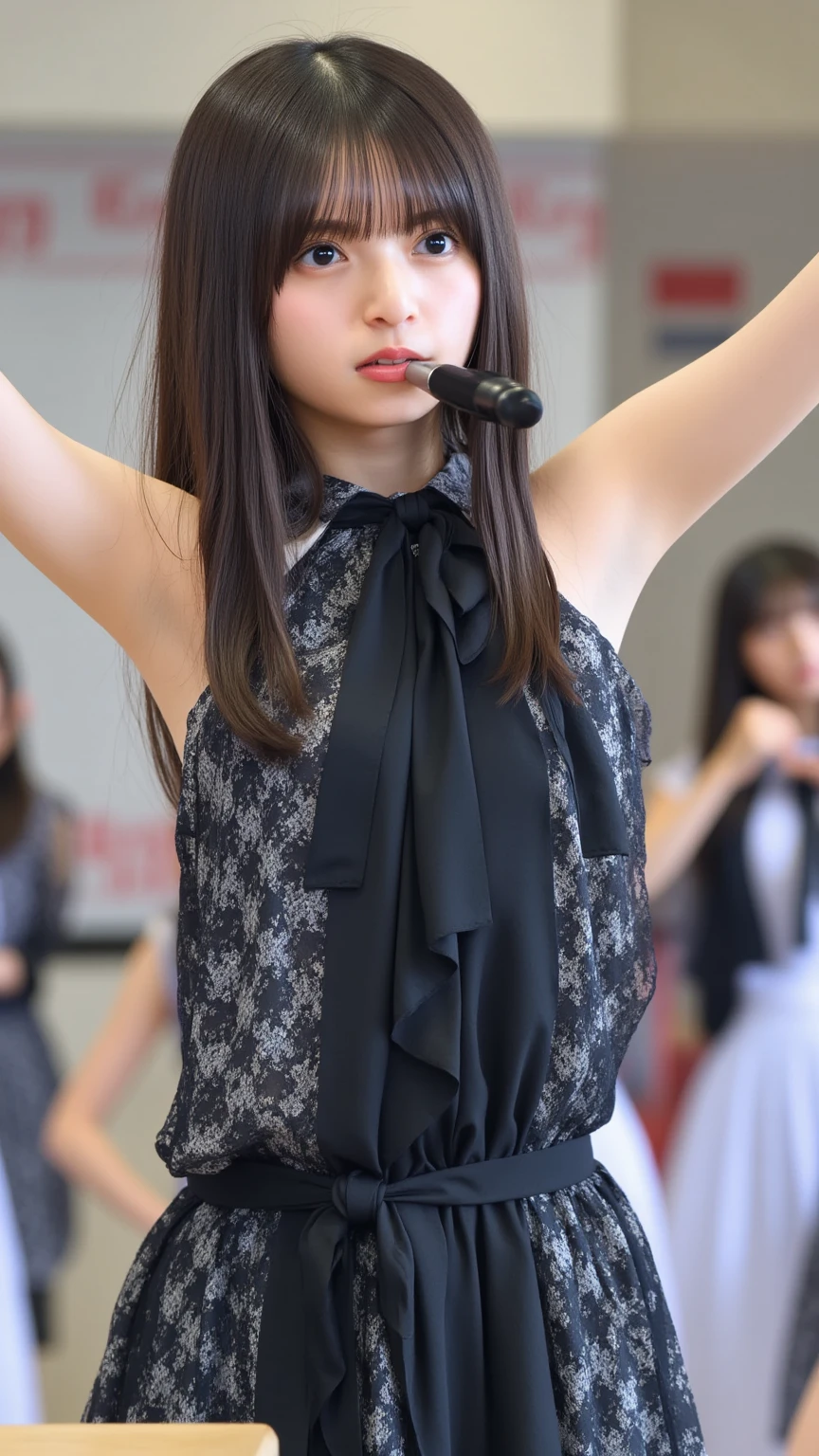 masterpiece、Flat Color、Depth of written boundary、Lens Flare 1 Girl、、Brown Hair、Staring at the audience belt Black suspenders Plump breasts Armpit sweat sweating 両手のside wall: Black trousers, sight Small face bangs over eyes side