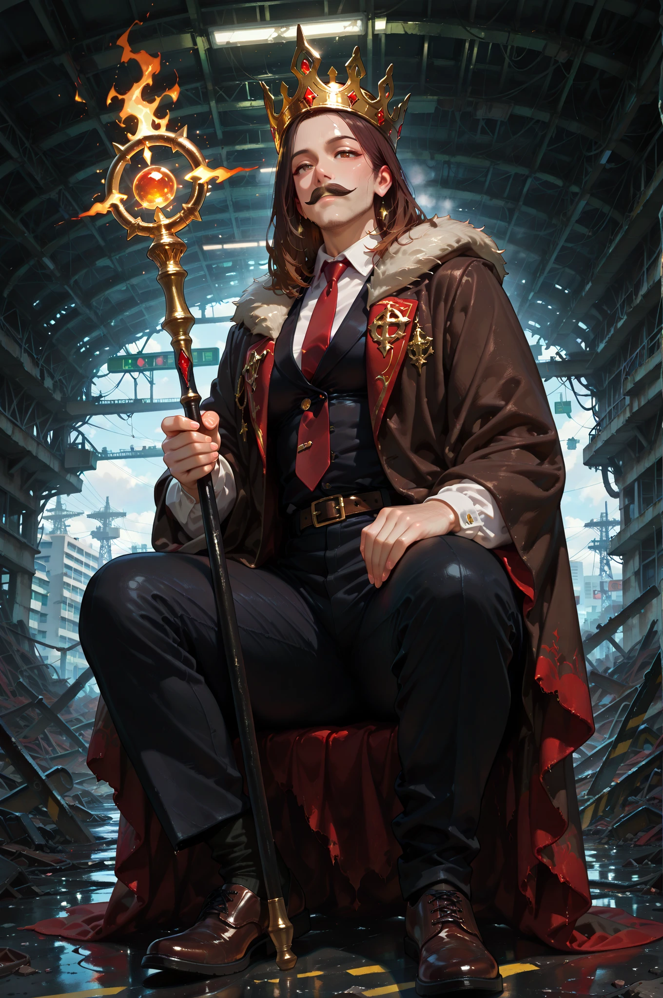masterpiece, best quality, amazing quality, very aesthetic, high resolution, newest, hyper-detailed, (close up),solo, male character, mature man, medium hair, brown hair, slightly mustache, black smokings with red tie, a incandescent golden crown on his head, social shoes, a scepter on hands, full body, fan art, a magic force aura around him, a airport in ruins on the background