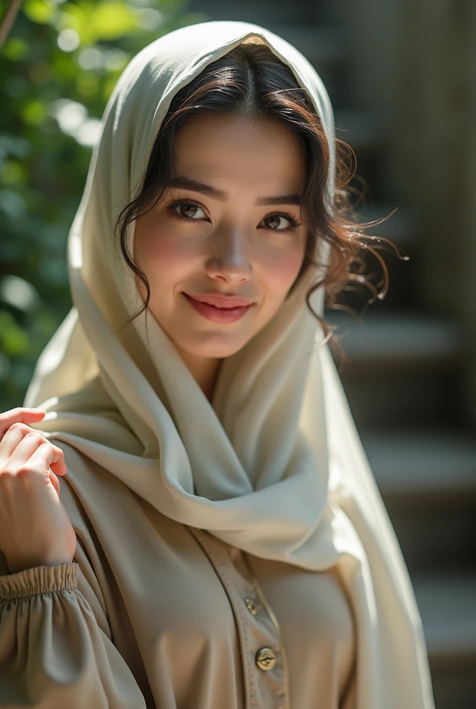 a gorgeous 42 year old Indonesian woman, 1girl, silk abaya, in hijab, smiling shyly with opened mouth, visible teeth, hot mom, portrait, (best quality,4k,8k,highres,masterpiece:1.2),ultra-detailed,(realistic,photorealistic,photo-realistic:1.37),HDR,UHD,studio lighting,ultra-fine painting,sharp focus,physically-based rendering,extreme detail description,professional,vivid colors,bokeh,portraits,warm color tones,dramatic lighting
