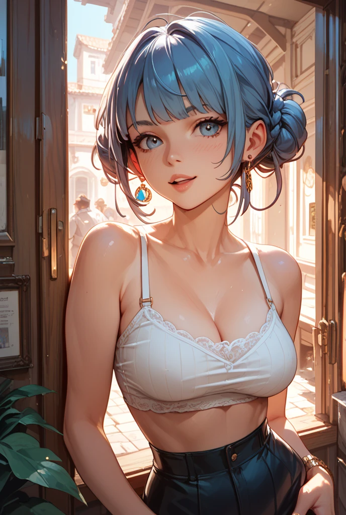 best quality,game cg,1girl, masterpiece, best quality, 8k, detailed skin texture, detailed cloth texture, beautiful detailed face, intricate details, ultra detailed, audrey hepburn, bikini, long blue hair, (Half body:1.2), nude, busty