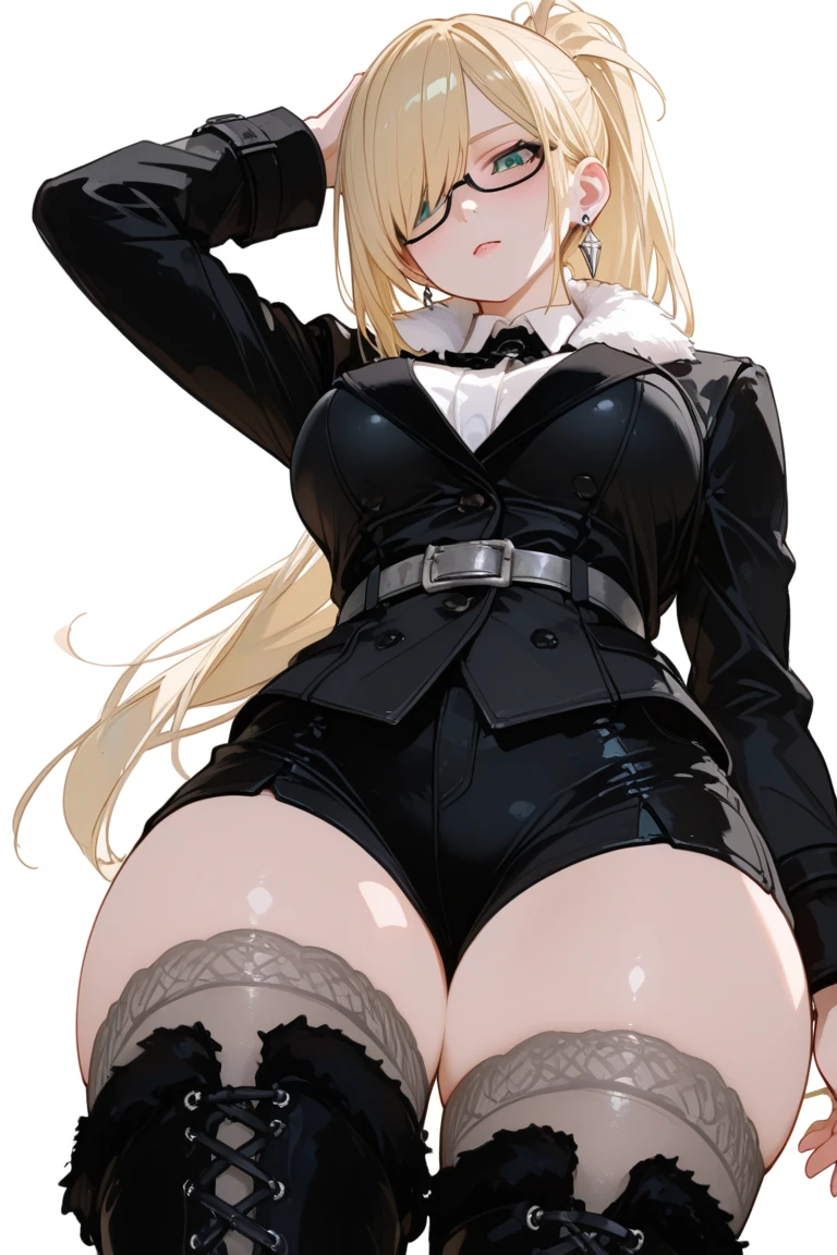 masterpiece, best quality, (((Large Breasts、Breast sagging、Low-cut,Cleavage,Wide hips,)))((Long legs)),Hourglass figure))Blonde Hair, Kolin, Glasses, Black shiny skirt suit, (((3-piece-suit))), tie, Casual suits, suit, Vest, tight skirt, snow, Gray sky, Black gloves, Holding a clipboard, looking at the audience, High heel