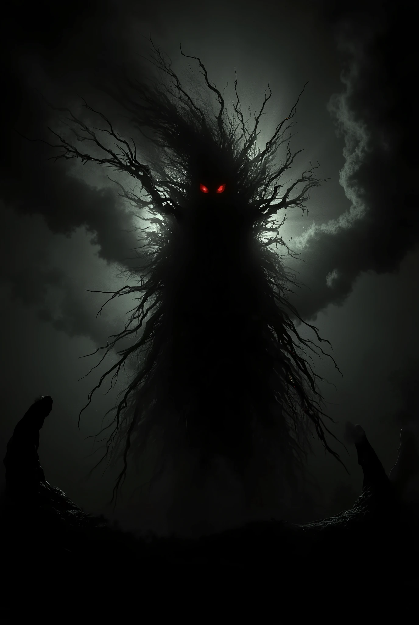 Low-angle shot of a mysterious black spirit floating ominously, its dark wispy form towering above the viewer, glowing red eyes piercing through the shadows, dramatic cinematic lighting from below