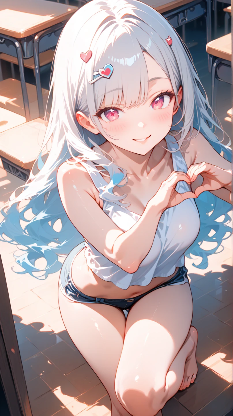 one girl, cute bikini, cute, naive, 18 years old, beauty, shy, idol, white hair, red eyes, fascinating, embarrassed, hypnosis, slender, indoor, anime style