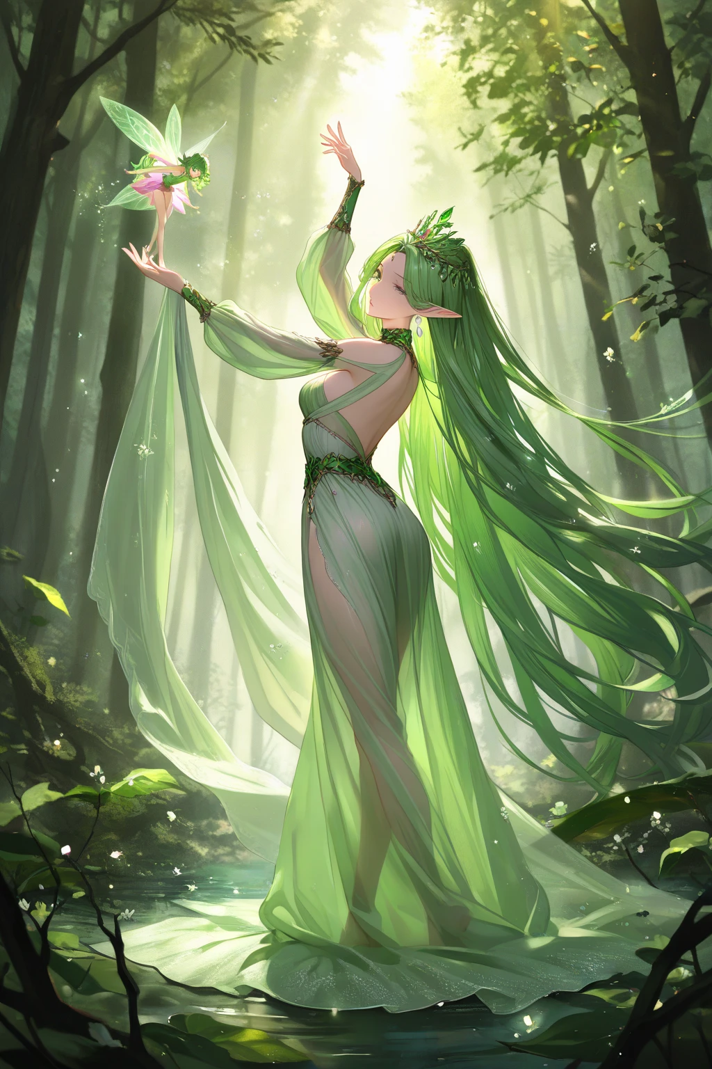 waterfall, river, anime color, 1girl, young , small beasts , skindentation, forest spirit, lop-eared mini pointy ears, flower Branch crown , short antlers, body vines strap, thigh vines strap, arm vines strap, green eyes, light green hair, very long hair, faux hawk hair, shaved sidelocks, hair pulled back, braided hair, floating hair, vines, deep green leaf dress leaf arms cover, burgundy fingernails, , smile, +++ paw pose ,bare legs soles focus, looking afar, Profile Shot, contrapposto, dynamic pose, cinematic lighting, dew between the grasses, forest, , , floating hair, florting leaves blooma, daytime, strong light, glare, coming in light, rays light, sparkles, lens flare, caustics, golden hour, score_9, score_7_up, source_anime