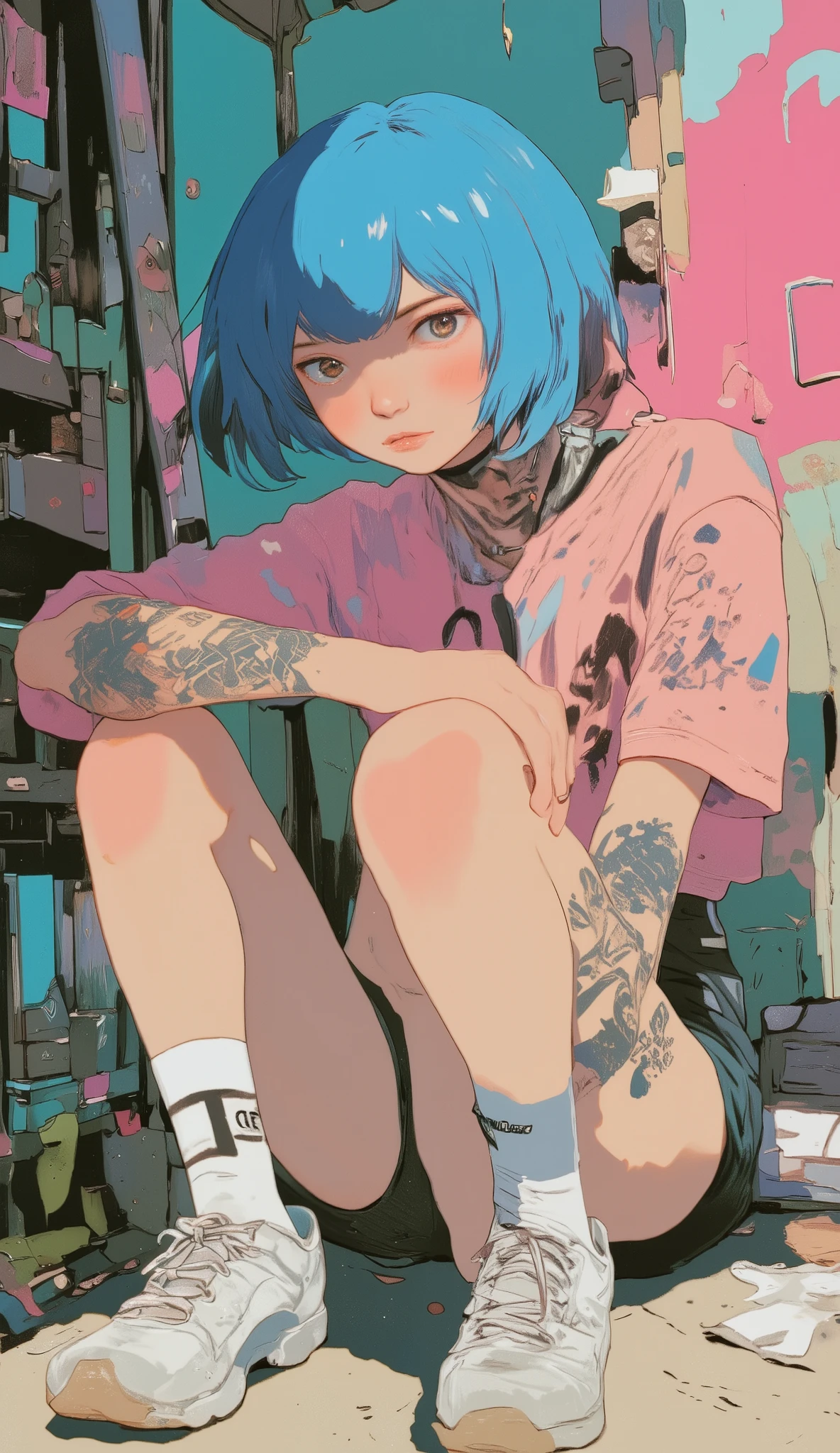 Blue-haired anime girl sitting on the ground with a tattoo on her arm, Ghost in the Shell art style, Laurie Grisley and James Jean, just a joke , Laurie Gracely's Style, Portrait of , Ghost in the shell style, beautiful artwork illustration, Sachin Ten, yakuza slim girl, Conrad Rose and Shinkai Makoto