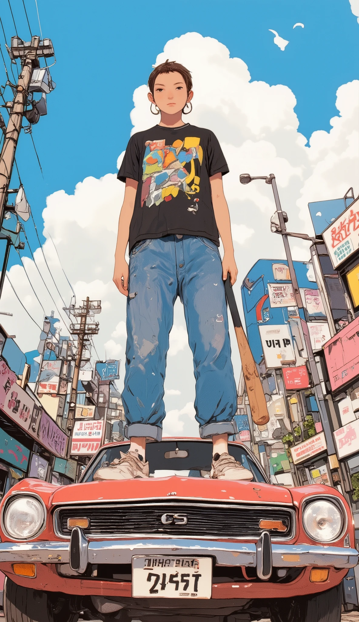 Anime character standing on a car with a baseball bat, It happened - One x iamretro , Japanese manga style, official artwork, GTA Chinatown Art Style , Akira style, Akira Vibe, Retro 90s Japanese, Akira art style, Realism art, bright style illustration, Akira art style, 90s anime style