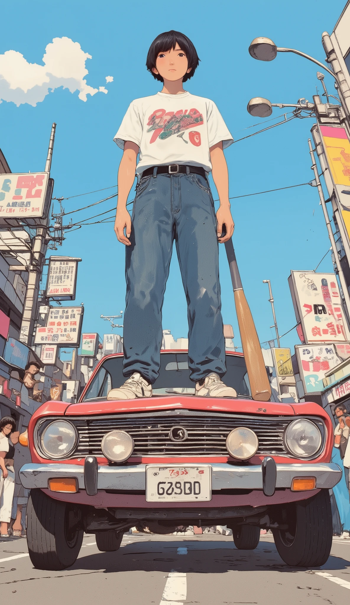 Anime character standing on a car with a baseball bat, It happened - One x iamretro , Japanese manga style, official artwork, GTA Chinatown Art Style , Akira style, Akira Vibe, Retro 90s Japanese, Akira art style, Realism art, bright style illustration, Akira art style, 90s anime style