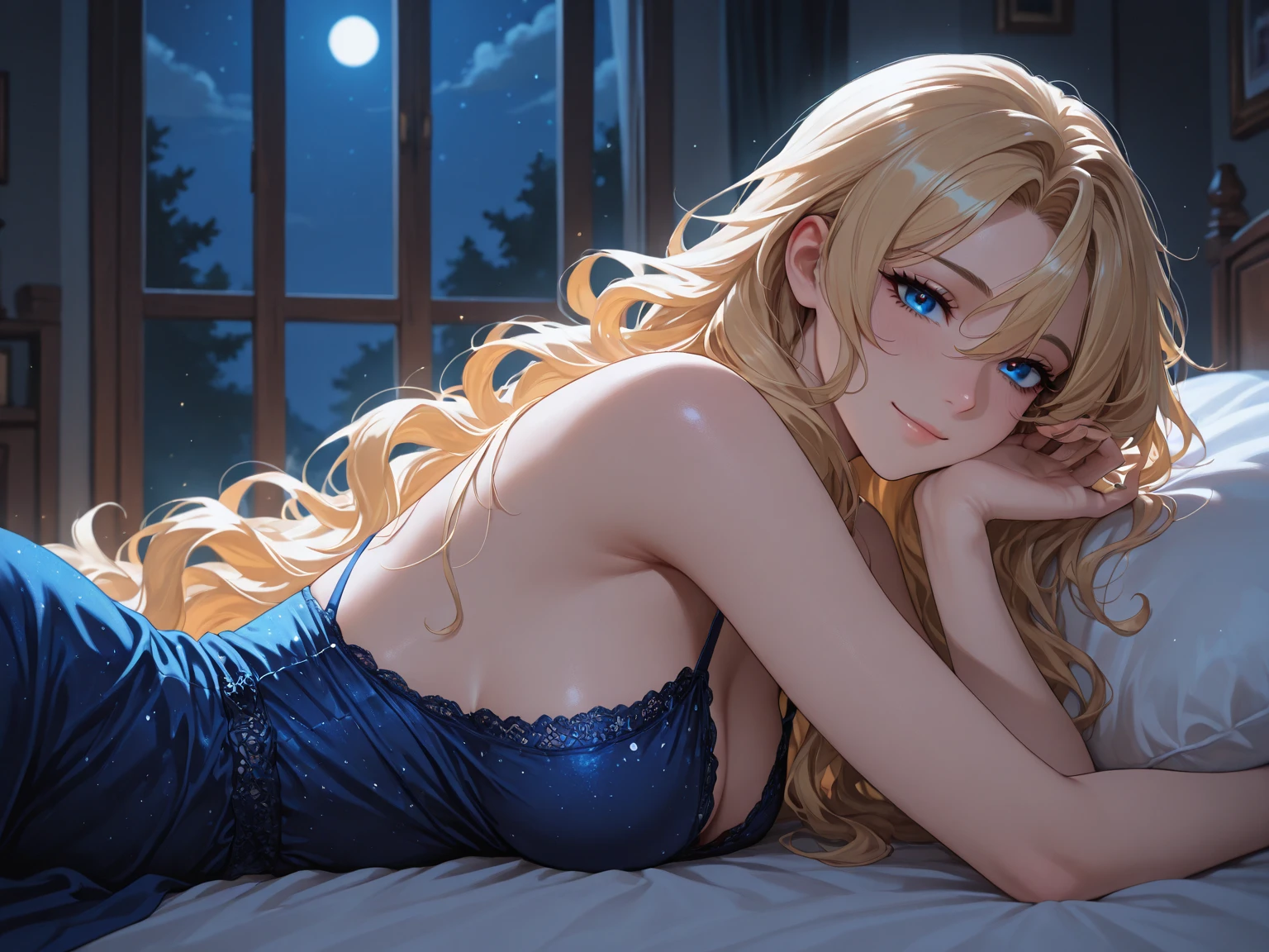 ((high detailed, best quality, 4k, masterpiece, hd:1.3)), Rosalina, blue eyes, BREAK blue eyes, seductive, attractive, sexy smile, smiling, smooth anime cg art, 36C breasts, long legs, vivid colors, detailed digital art, slim body, perfect skin, blonde hair, hair over one eye, long hair, BREAK crown, cleavage, 36C cleavage, looking at viewer, BREAK looking at viewer, extremely detailed face, blue dress, blue dress, dark blue dress, sexy dress, earrings, star earrings, jewelry, gem, dark black makeup lips, dark gothic eyeshadows, dark eyeshadows, black eyeshadows, black sexy lips, black lips, (dark:1.2), dark lips, very dark lips, (perfect hands, perfect anatomy), black makeup, black medium lips, black thick lips, detailed fingers, five fingers per hand, 5 fingers, (1 girl), detailed lips, detailed black lips, black painted lips, gothic painted lips, BREAK night, night sky, sky, star \(sky\), star \(symbol\), space, sun, (breast focus), (arms behind back:1.2), (from above:1.1), (breasts out:1.3), (off shoulder:1.1), (sit upright), (accidentally showing pants), (accidentally showing blue thong)