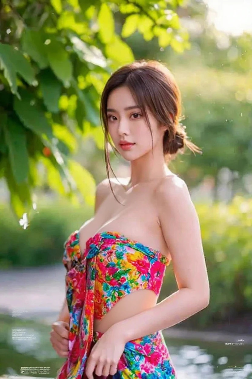 High resolution symmetrical images,    Japanese film photo of a woman with colorful tattoos on her waist, chest and arms,  Big mouth cleavage、(((Full body tattoos)))、 Large tattoo on the chest、(Lotus tattoo)、 (((close up chest, Underarm, 胸のAngle from below))), blonde braids, short hair, ((Art Nouveau)), (Ecstasy Face), (Alphonse Mucha), Small earrings, ((on the road, wood, Buildings in medieval Europe)), Angle from below、(Anatomically correct)、（Perfect body proportions)、(Natural Hands、Natural Fingers)、(Breast Goddess, Woman born from flowers, ((Round face)), Realistic Eye Size, Droopy eyes, smile,I&#39;m bathed in dazzling light
