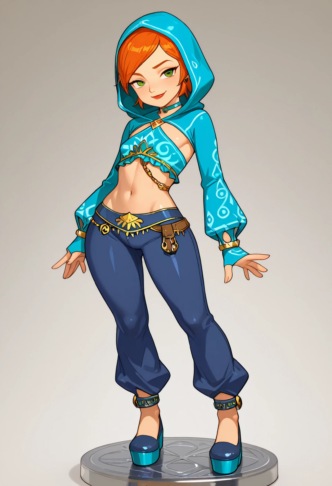 Gwen Tennyson . ginger . short hair . green eyes . small breasts, huge hips . slim body . choker . | score_9, score_8_up, score_7_up, faux figurine, nendoroid, full body, figure, platform, solo, Anime, 1girl, masterpiece, best quality, high quality, high resolution, highres.|| masterpiece, best quality, 1girl, blue clothes, solo,color sketch, gerudo set \(zelda\), lipstick, looking at viewer, smirk