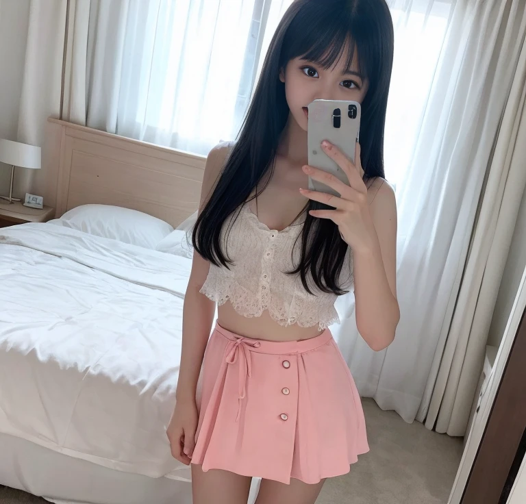 ollarbone,pink t-shirt,off-shoulder look,bare shoulder,Denim mini skirt,open mouth,tongue out,lick,Black sofa,sit,looking ahead,from above,flont view,face focus,(1girl,Beautiful 15 year old girl),((Slender,Small breasts,Small face,)),looking at viewer,Black Hair,bangs,one side up,Beautiful and detailed,Mischievous smile,Dimly lit room,Simple Background,Black background,Low lighting