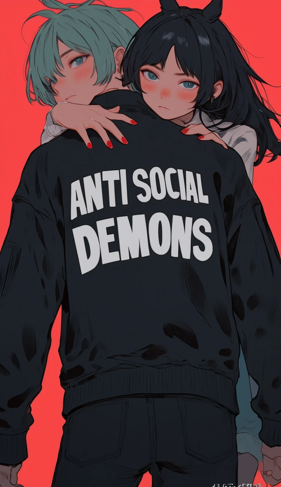 暗い色and鮮やかな色が印象的な2人の人物を描いたデジタルイラスト. 手前のキャラクターteeth明るい色の髪で、 Black jackets with the phrase prominently written "A hand with long red nails from ANTI SOCIAL DEMONS CLUB" In bold white letters. 人物の肌の色teeth独特の青灰色で, Adds an otherworldly atmosphere. The hand with long red nails, Possibly belongs to a second person, Resting on the shoulder of the first person, Contributes to an intimate and edgy atmosphere. 背景teeth鮮やかな赤色, キャラクターの暗い服andのコントラストを強調している. 両方の人物teethユニークなアクセサリーを身に着けており、1人teeth悪魔の特徴に似た片方のイヤリングをしている, and、もう片方の手にteeth十字のイヤリング. Author's signature, "VACUUMCHAN," , appear in the lower left corner, Adds a personal touch. The overall style is modern and bold, teeth、Gloomy, Feeling rebellious.