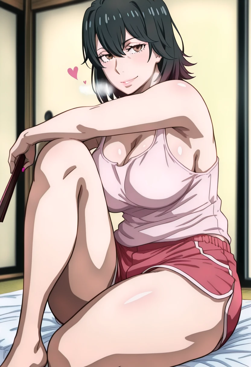 (boingoo yin-style:0.8), (hero neisan-style:1.2), (metal owl-style:1.1), babu-style, anime coloring, anime screencap, anime-style detailed background, vignetting, masterpiece, high quality, absurdres, best quality, very aesthetic, newest, dynamic composition, anatomical correct, HD, 4K, digital art, trending on ArtStation, ((anatomical correct)), perfect body, perfect eyes, perfect fingers, gasping, heavy breathing, gasping profusely, cinematic, (()), ((curvy)), haruno yukinoshita,black hair,short hair,brown eyes,medium breasts,mature_female,slender, long eyelashes, ((rounded eyewear)), (mature female:1.5), (voluptuous:1.5), 1girl, , solo, shorts, sideboob, hand_fan, folding_fan, sitting, looking_at_viewer, tank_top, dolphin_shorts, folded_fan, smirk, holding_fan, cleavage, heart, white_tank_top, thighs, holding, bare_shoulders, pink_nails, short_shorts, lips, pink_shorts, knee_up, looking at viewer, half-closed eyes
