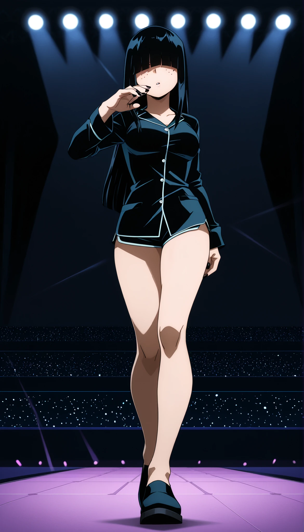((Highest Quality)), (fashion runway background), 1girl, full body, standing, breast, thighs, gyaru, solo, medium breasts, black hair, hime cut, long hair, hair over eyes, freckles, pale skinned, pale skinned female, black nail polish, Full body:1.5, My Hero Academia Style, In the middle of a fashion runway, a fashion runway, posing in Black pajamas, camera flashes, at night, on stage, walking on stage, Flirty pose,