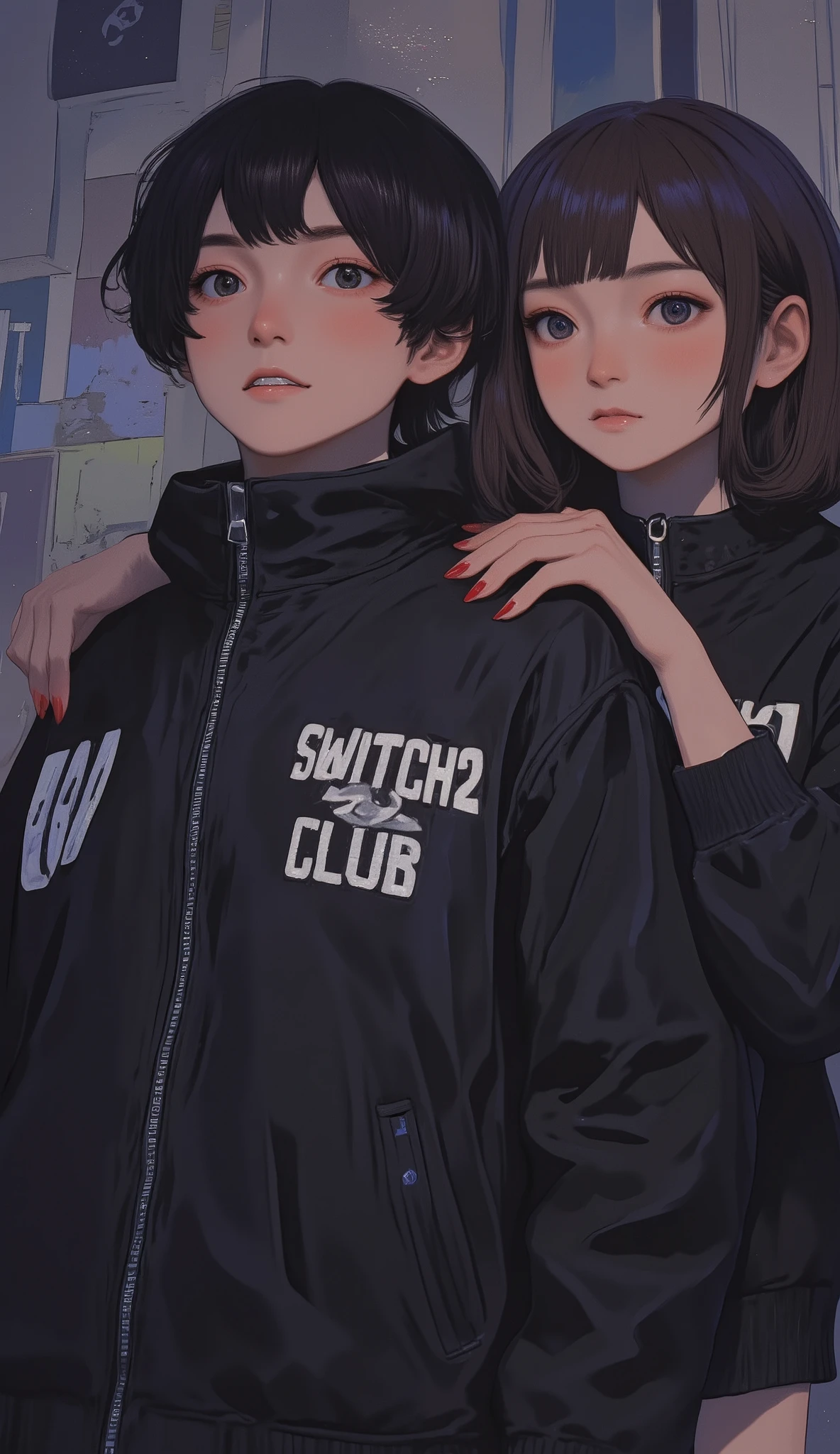 暗い色and鮮やかな色が印象的な2人の人物を描いたデジタルイラスト. 手前のキャラクターteeth明るい色の髪で、 Black jackets with the phrase prominently written "Switch2 CLUB" In bold white letters. 人物の肌の色teeth独特の青灰色で, Adds an otherworldly atmosphere. The hand with long red nails, Possibly belongs to a second person, Resting on the shoulder of the first person, Contributes to an intimate and edgy atmosphere. 背景teeth鮮やかな赤色, キャラクターの暗い服andのコントラストを強調している. 両方の人物teethユニークなアクセサリーを身に着けており、1人teeth悪魔の特徴に似た片方のイヤリングをしている, and、もう片方の手にteeth十字のイヤリング. Adds a personal touch. The overall style is modern and bold, teeth、Gloomy, Feeling rebellious.