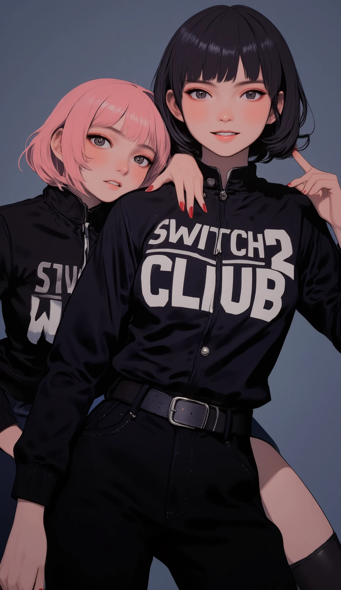 暗い色and鮮やかな色が印象的な2人の人物を描いたデジタルイラスト. 手前のキャラクターteeth明るい色の髪で、 Black jackets with the phrase prominently written "Switch2 CLUB" In bold white letters. 人物の肌の色teeth独特の青灰色で, Adds an otherworldly atmosphere. The hand with long red nails, Possibly belongs to a second person, Resting on the shoulder of the first person, Contributes to an intimate and edgy atmosphere. 背景teeth鮮やかな赤色, キャラクターの暗い服andのコントラストを強調している. 両方の人物teethユニークなアクセサリーを身に着けており、1人teeth悪魔の特徴に似た片方のイヤリングをしている, and、もう片方の手にteeth十字のイヤリング. Adds a personal touch. The overall style is modern and bold, teeth、Gloomy, Feeling rebellious.