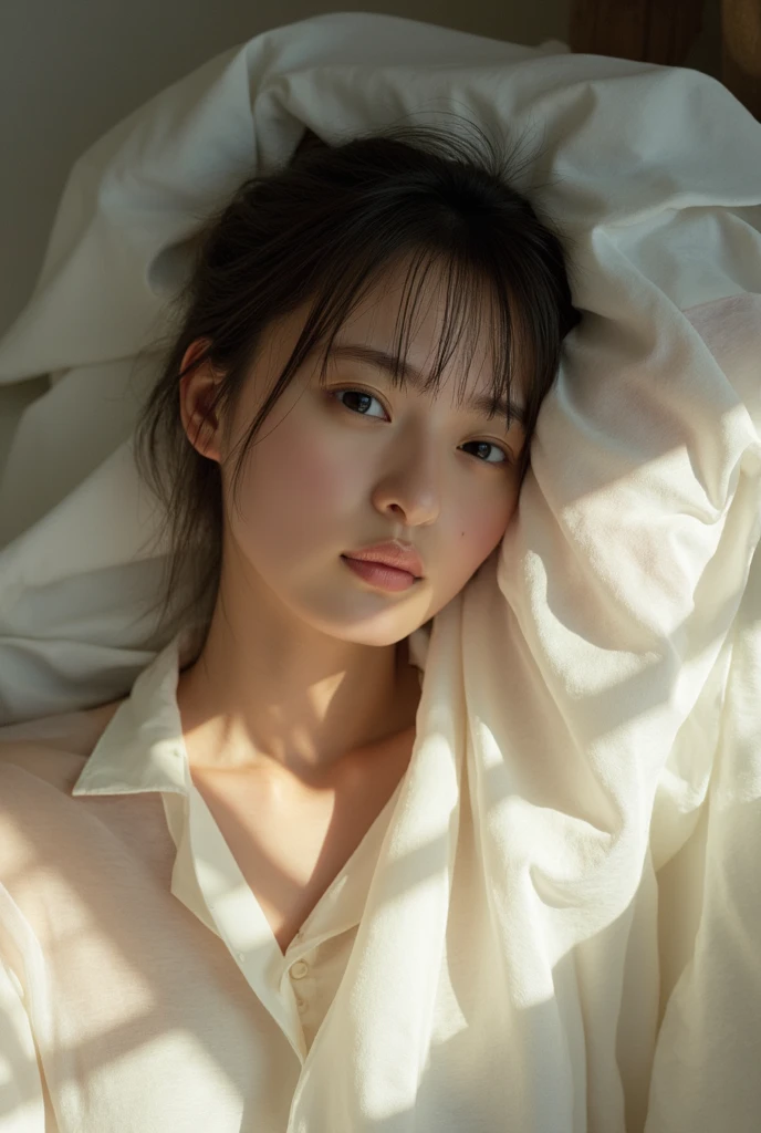 ((highest quality, masterpiece :1.3)), Photorealistic、Ultra-high resolution、Natural skin texture、Hyperrealism、Near Movies、Beautiful Japanese girl in her early teens、One girl、Tight inner shirt、Lying in bed、Frightened expression、Tears flowing