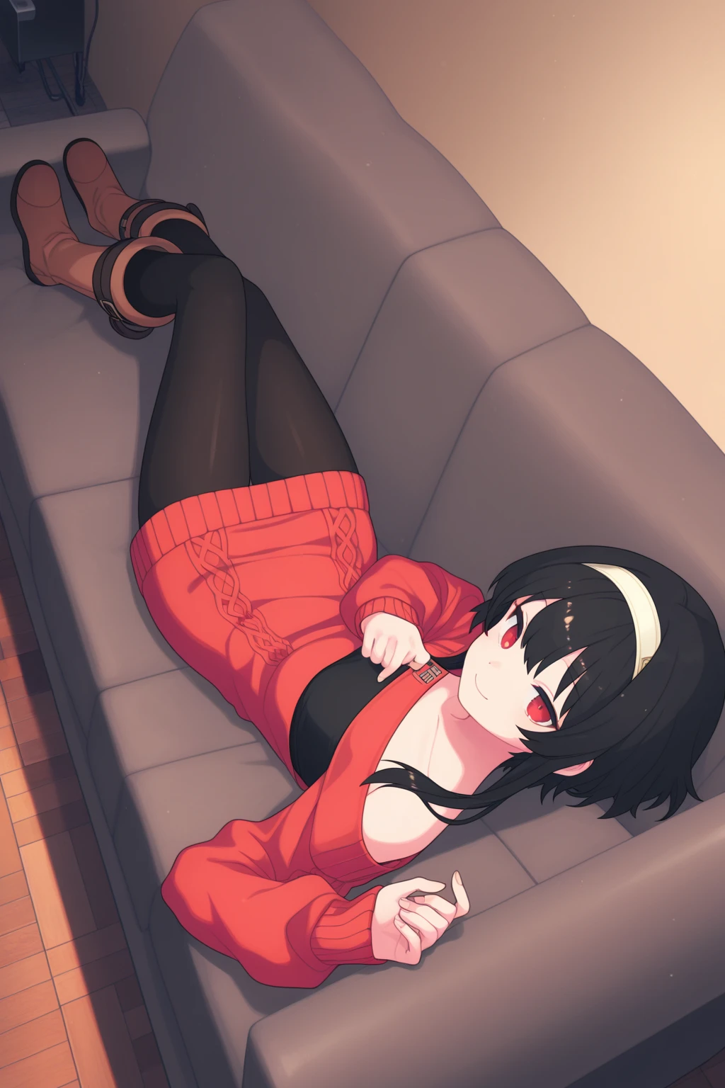 (full body),masterpiece, Highest quality, One Girl, purple, Long Hair, Black Hair,Hair on one eye, (Red Hero Suit),Red bodysuit,black elbow gloves,Black thigh-high boots,Thick thighs,Place one hand on hip,upright,View your viewers, smile, Simple Background,(Girl sitting,Sitting down,Cross your arms,)