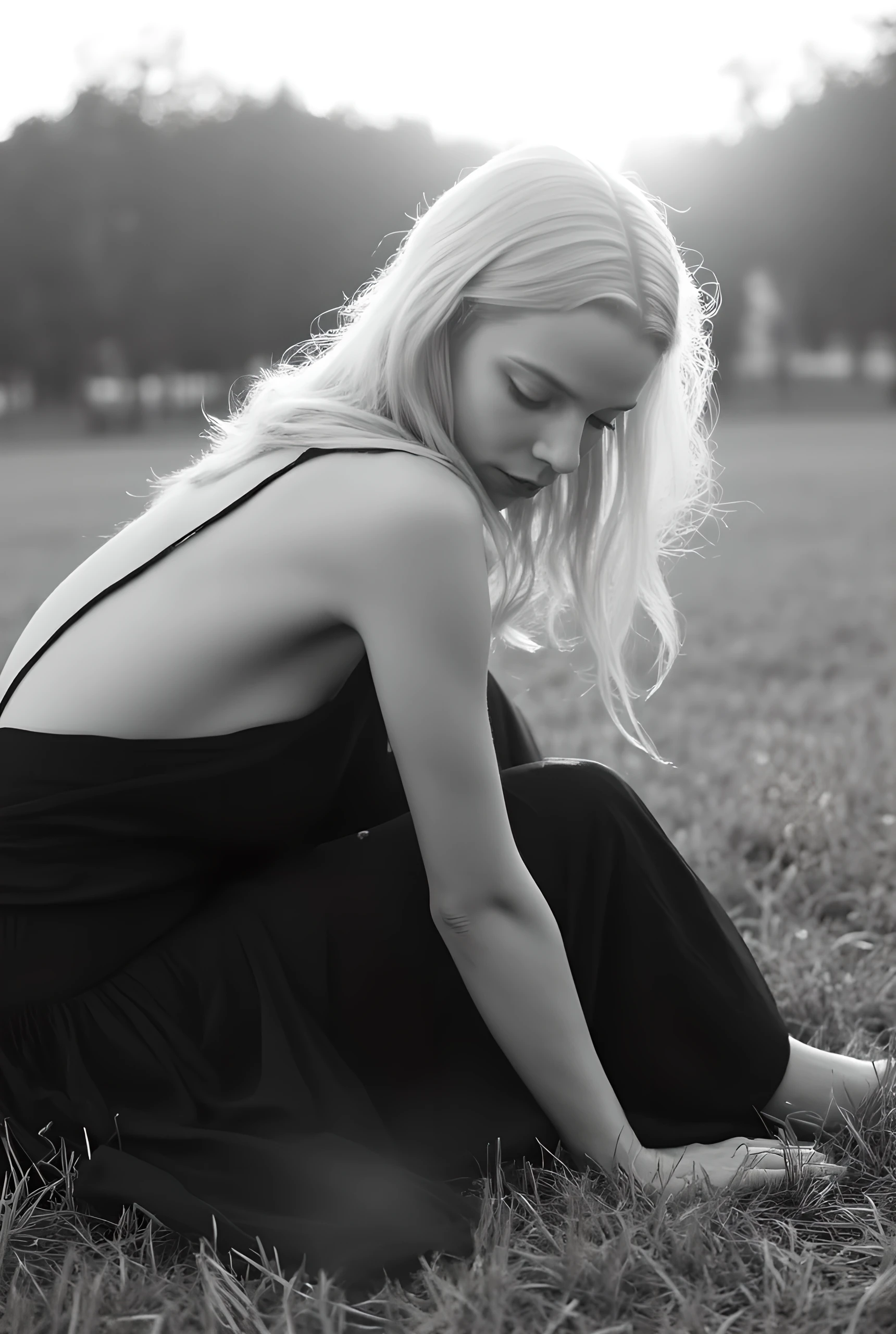 a skinny girl reclines on a grassy surface. Her posture relaxed and casual. She is wearing an open flowing black dress, which drapes elegantly over her legs, and the dress appears to be made of a soft, lightweight fabric with subtle pleats. The material pools around her, adding texture and depth to the image. Her body is angled slightly, showcasing a portion of her collarbone and shoulders. Her long white hair falls gently over her shoulders. The background suggests an outdoor setting, with a blurred horizon and faint indications of foliage or possibly distant water, contributing to a serene ambiance. The monochrome palette adds a timeless quality to the scene, emphasizing contrasts and shadows while creating an intimate, contemplative atmosphere. 
