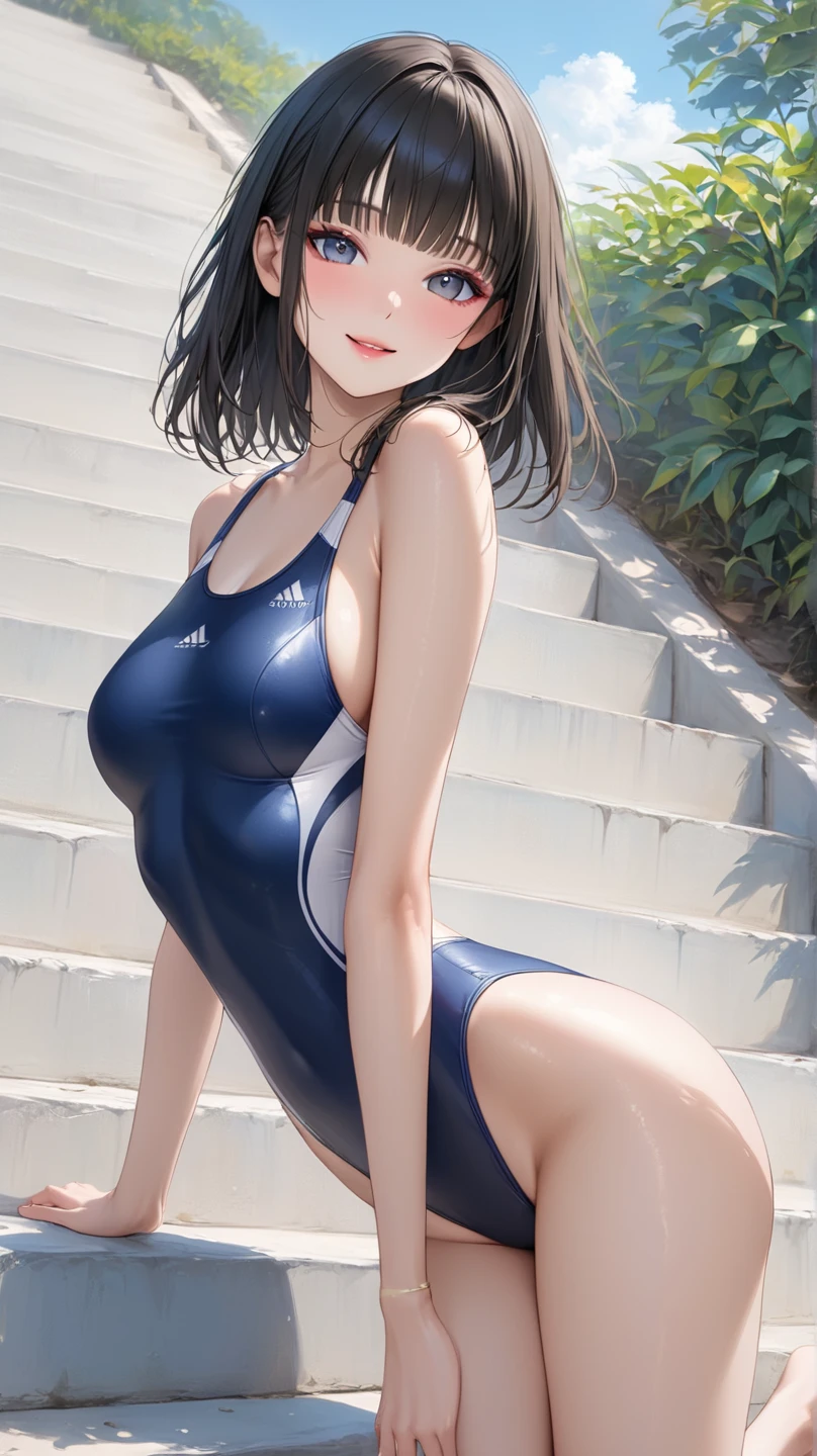 ((masterpiece, best quality)),((highres:1.2)), 1 Girl, solo, Blurred Background, (Straight Hair:1.2), ((One piece swimsuit)), ((flat chest)), Thighs, pool, ((Groin)), (slanted eyes), ((Special pose:1.2)), ((leg lift)), (Pencilskirt), bangs, short hair