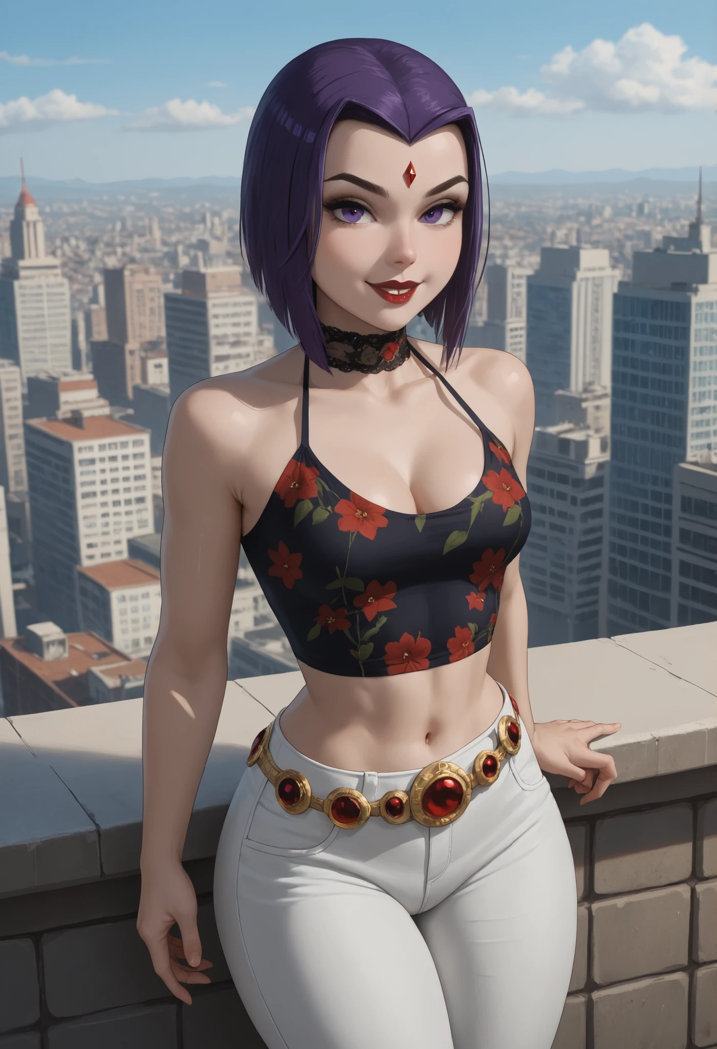 rachel roth, colored skin, grey skin, purple hair, medium hair, forehead jewel, purple eyes, small breast, huge hips, dark red lips.| 1girl, balcony, overlooking city, pamistyle, orange, smile, wide hips, thick thighs, pants, floral pattern, halterneck crop top, floral print, midriff, belt, sleeveless, cleavage@Джулия