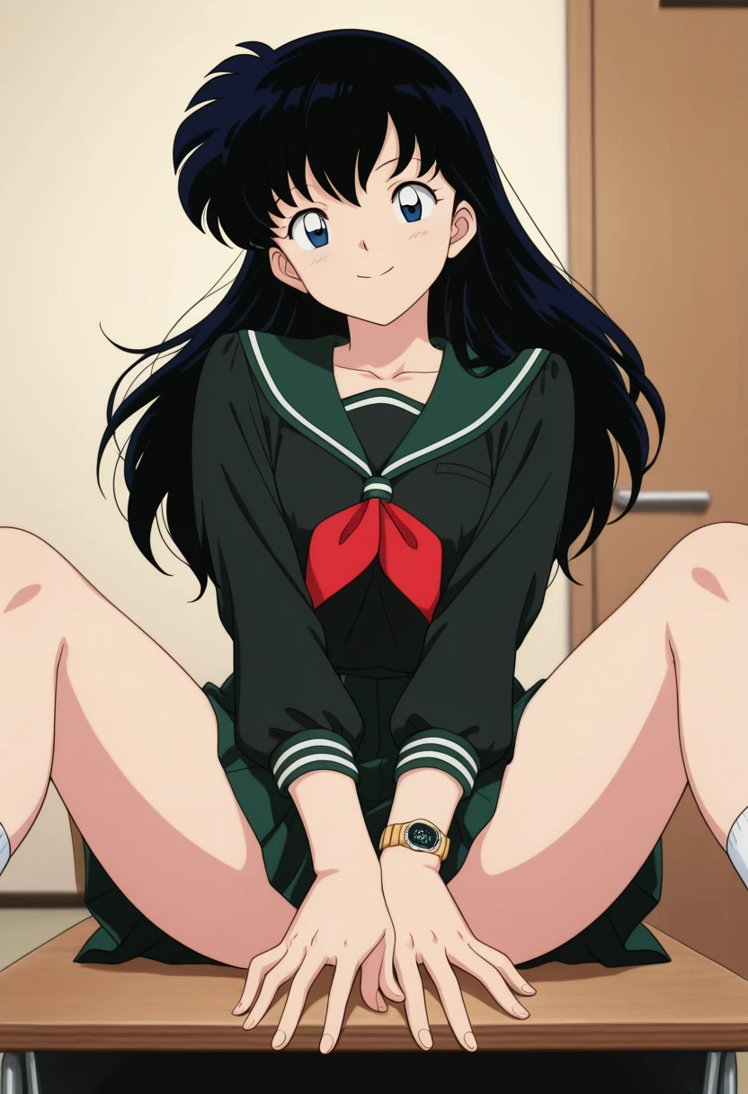 Makoto Kino, bishoujo senshi sailor moon, spread legs, no panties, showing pussy, sonriendo, camisa blanca, falda café tablada, medias blancas a medio muslo, zapato negro, bedroom