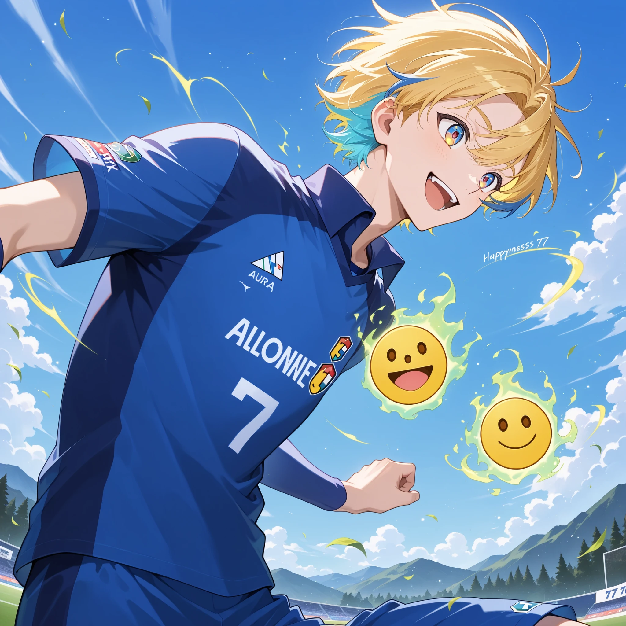 alone, happy anime boy, smiley, soccer uniform , blond hair ,blue highlights, multicolored eyes , Happyness aura , blue sky camp , shirt number 7