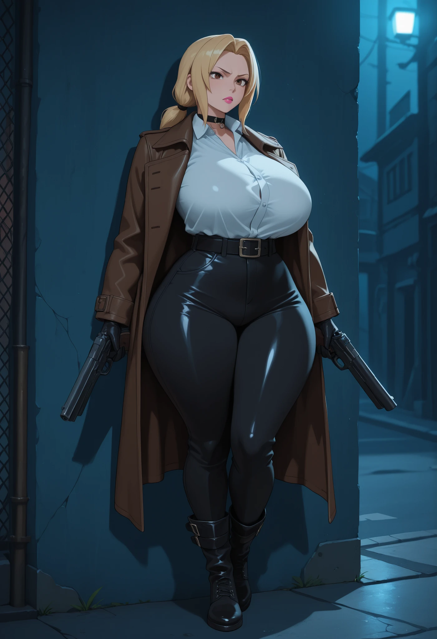 (masterpiece, top quality, best quality, official art, beautiful and aesthetic:1.2), (1girl:1.3), light freckles, fair skin, extremely detailed, portrait, looking at viewer, solo, (full body:0.6), detailed background, close up, (dark gothic theme:1.1), nun with guns, charlatan, smirk, mysterious, swaggering through cathedral, modest attire, black habit, cowl, nun hood, wimple, thigh-high boots, bodysuit, leotard, corset, leather straps, ammunition pouches, long boots, submachineguns, SMGs, MP5s, thigh pouches, holsters, garters, ((((narrow hips, slim sexy body, gigantic breasts)))), slim waist, slim hips, long legs, modern (cathedral exterior:1.1) background, dark mysterious lighting, shadows, magical atmosphere, dutch angle,