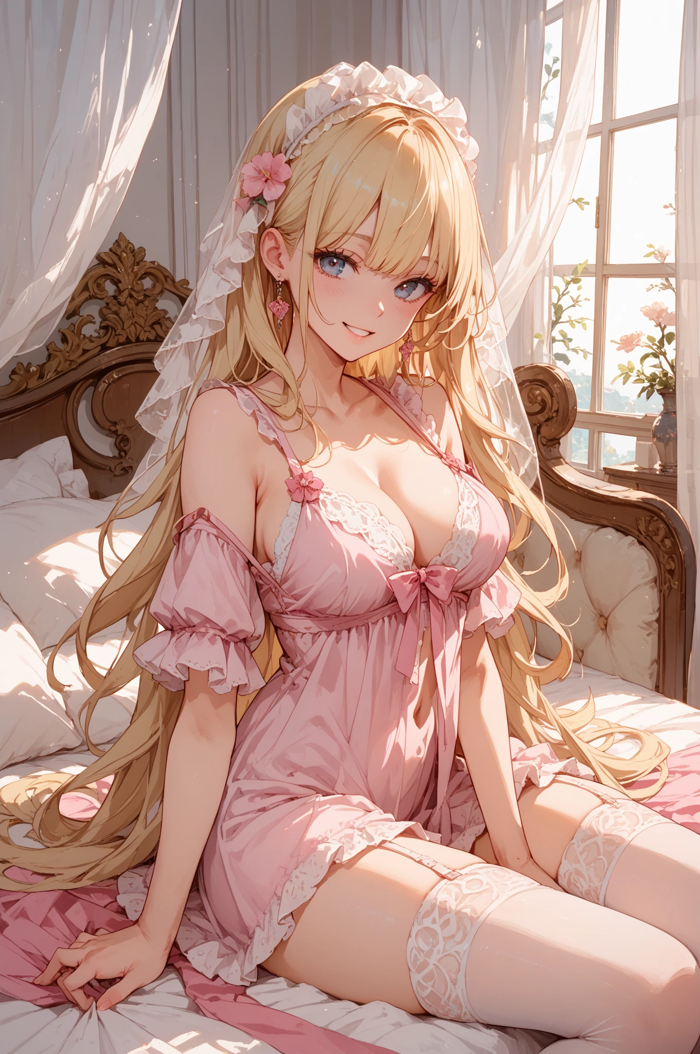 Best Quality,High resolution,8K,finelity detailed background,Masterpiece:1.2),beautiful girl,Shiny khaki hair,crossed bangs,Khaki Eyes,Gentle look,A refreshing look,smile,Best quality,Best Quality,Aesthetic and aesthetic:1.2,Best details((Super detailed))(High-definition CG illustrations),Upper Body, Red underwear,(red intricate lace),Slender body,night,moon,Bedroom,On the bed,smile,blush,cute,Scrounge,Looking up,Being spoiled,super model,wariza,shoot from,below