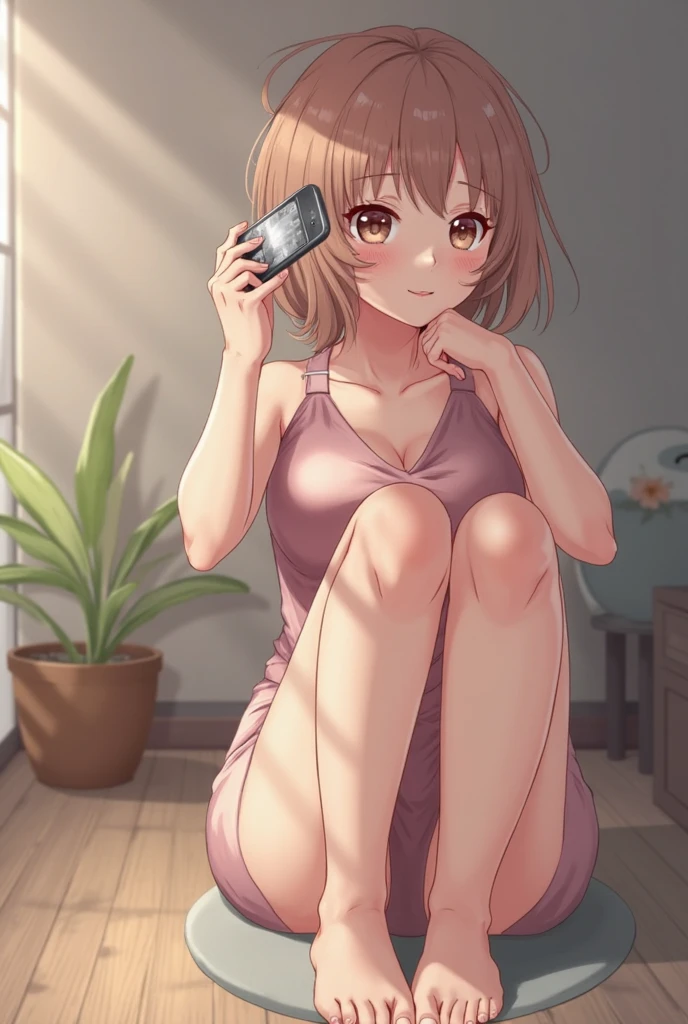 Very detailed, high quality:1.5, masterpiece, beautiful, (((Beautiful eyes))),Film Portrait,No Fleet,cute,(dark),((douki-chan)),living,Relax in your own room,Forehead,single hair bun,(((Pink camisole))),Tight panties,Black Panties,(((Tilt your head))),Have a mobile phone,((Indian style,sitting)),((Green sofa)),(On the sofa)There is no one here,living,((smile)),Slightly red cheeks,American Shorthair,Cat,Reflection of light,dark照明,beautiful脚,((Lovely)),とてもcute, yomu_(sgt_epper)