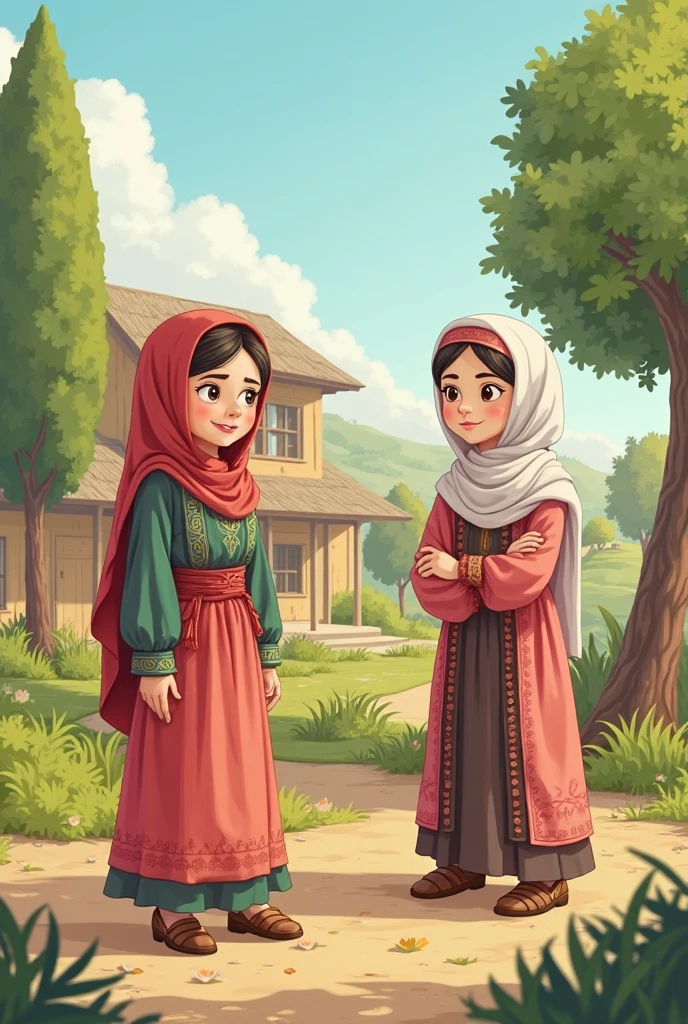 A girl wears a indonesian graduate outfit. she has wearing hijab. she has an ideal body. His expression is smilling. The background is a field filled with trees. The POV is taken at half body. 3D Animation. Disney Pixar style.