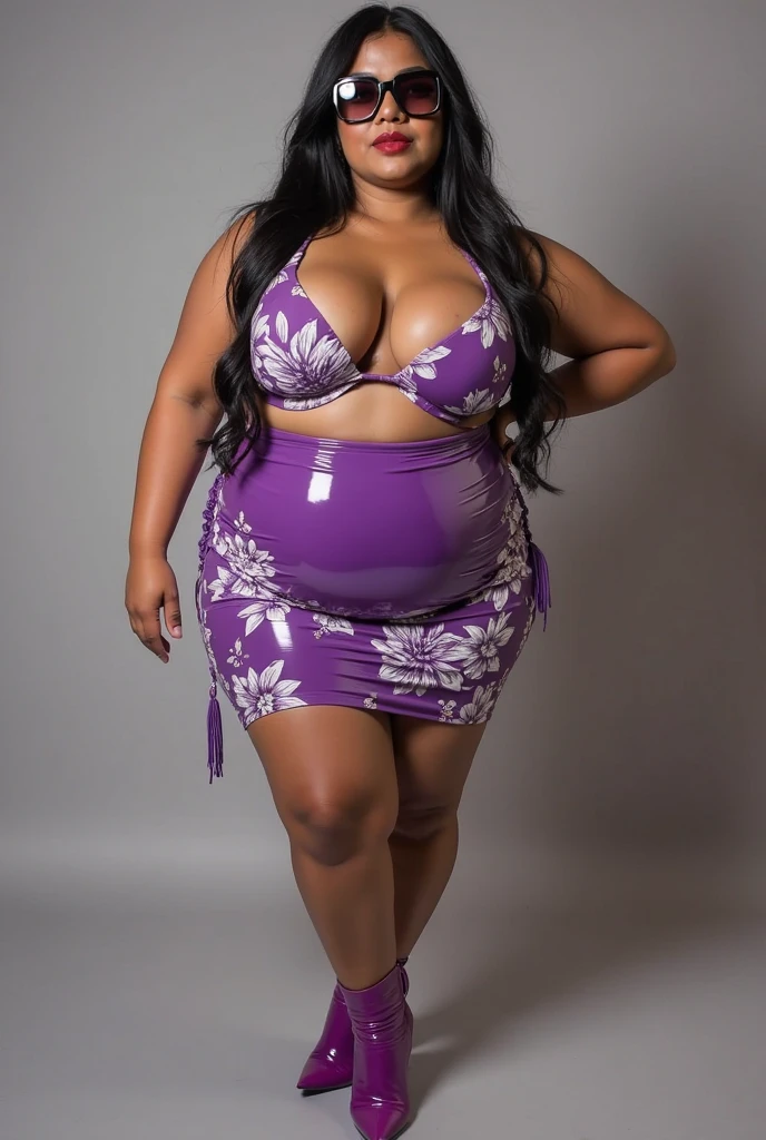 1 big body curves wife in garden wearing transparent pink long frock, she is tall, cute smile, looking too happy,body pose,long black hair,flowen curl hairs 