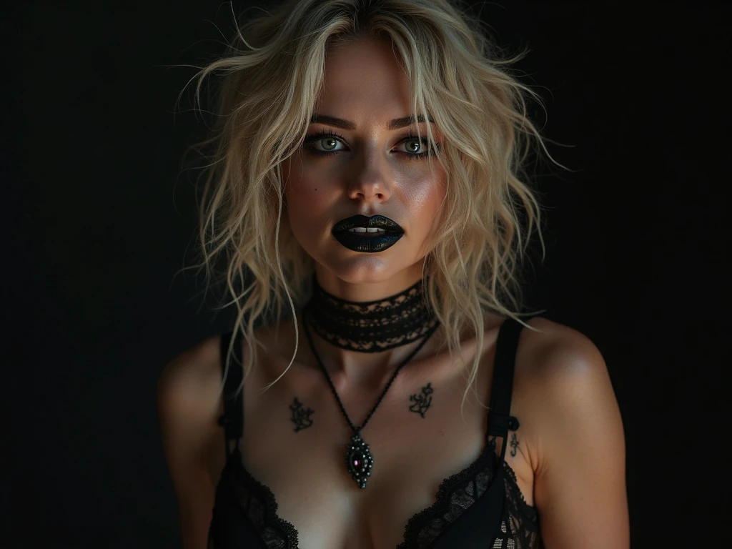 Gothic girl, smoking, all full of scars, purple and white curly hair, wearing a bra only, at the bottom she is naked