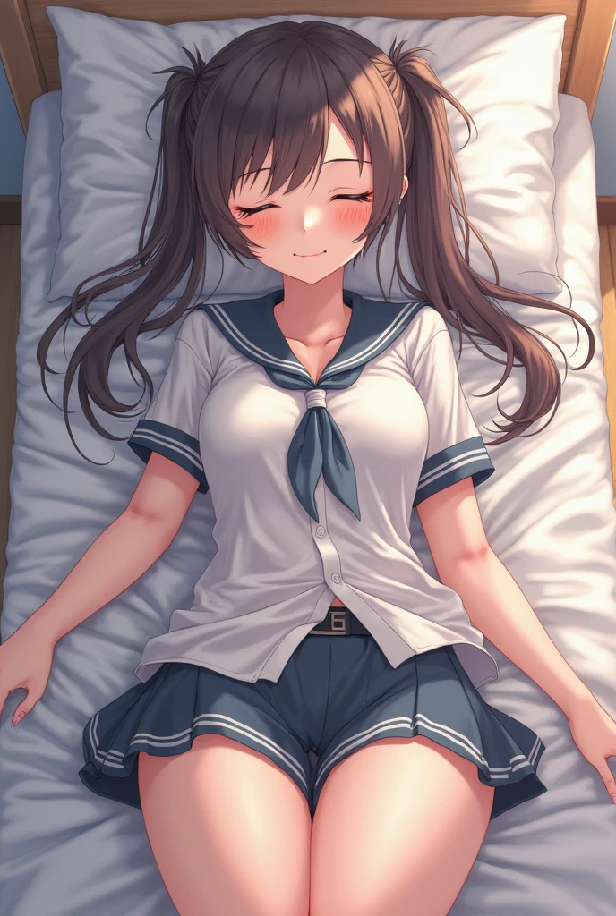 highest quality、High resolution、detailed background、beautiful and detailed face、beautiful and smooth skin、skin texture、professional lighting、Beautiful teenage girl、(huge breasts:1.1)、Lying on a hotel bed、sleeping in bed、cute hairstyle、 cute sailor suit、white sailor collar、Plaid pleated mini skirt、white knee high socks、sleeveless、short sleeve、camel toe、panty shot、Lower milk is visible