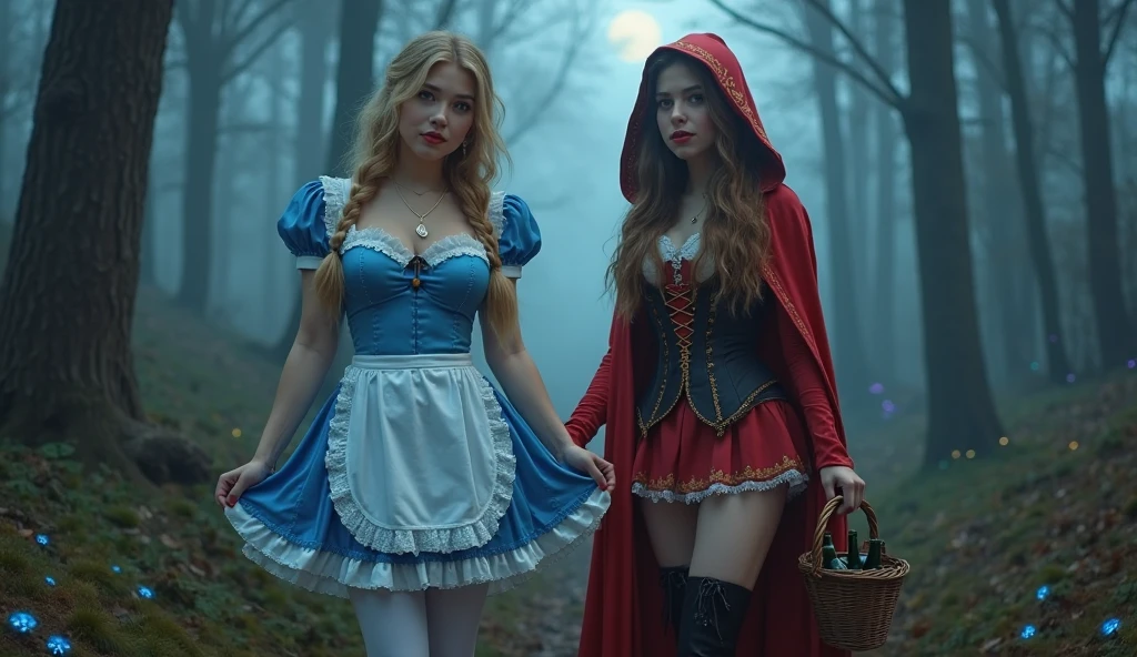 Teenager, female, short wavy brown hair, wearing a Red Riding Hood, cleavage, standing on a porch, Halloween decorations
