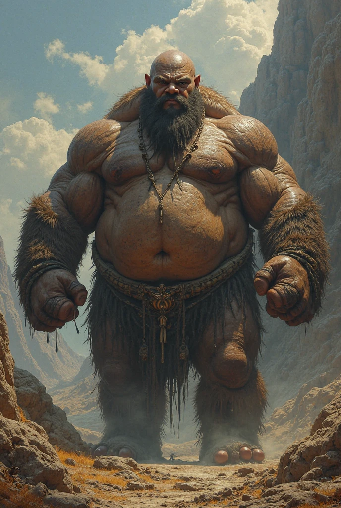 big monster man with big beard and pelt armor, hair slicked back, a bit fat