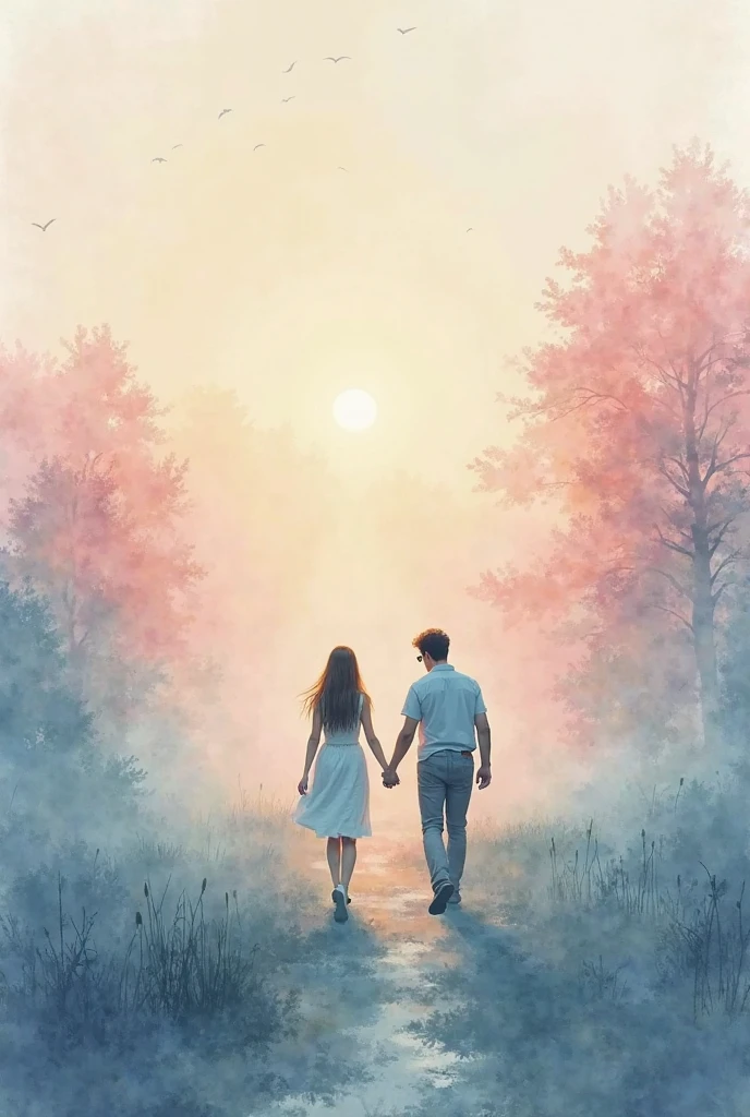 Young couple holding hands walking in a misty landscape at dawn - SeaArt AI