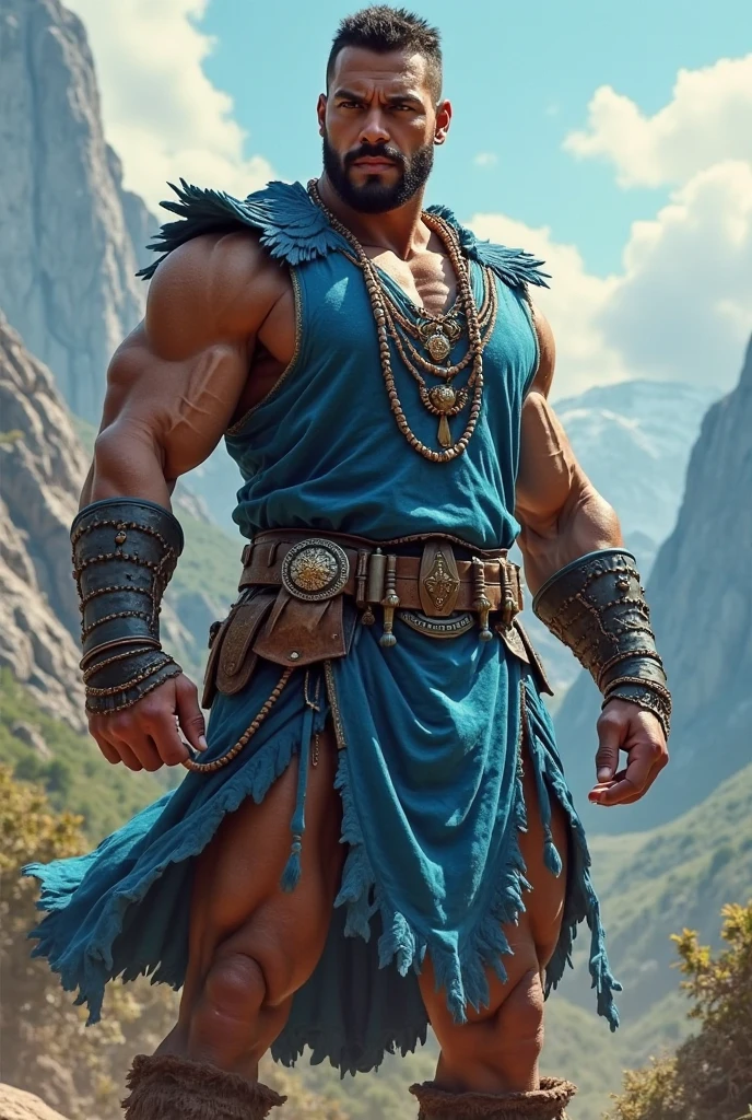Muscular gladiator, upper body revealed, legs  from thighs to feet, adorned with a beaded beard, flowing long curls, intricate muscular details, photorealistic artwork, 4K resolution. Background: Ancient Roman arena,32k uhd, best quality, masterpiece, super detail, high details
